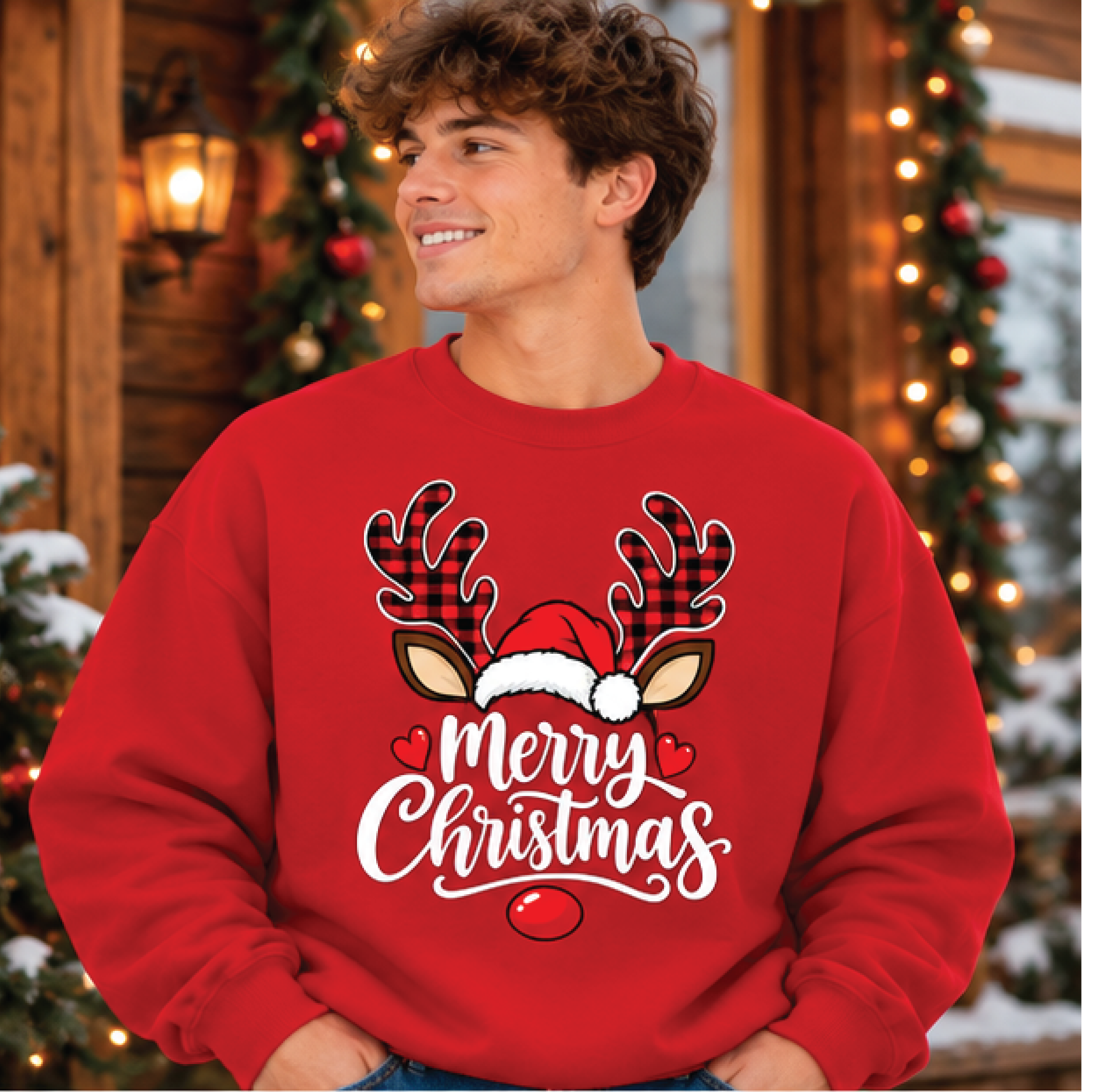 merry christmas reindeer sweatshirt, buffalo plaid antlers santa hat crewneck, cute rudolph holiday sweater, festive