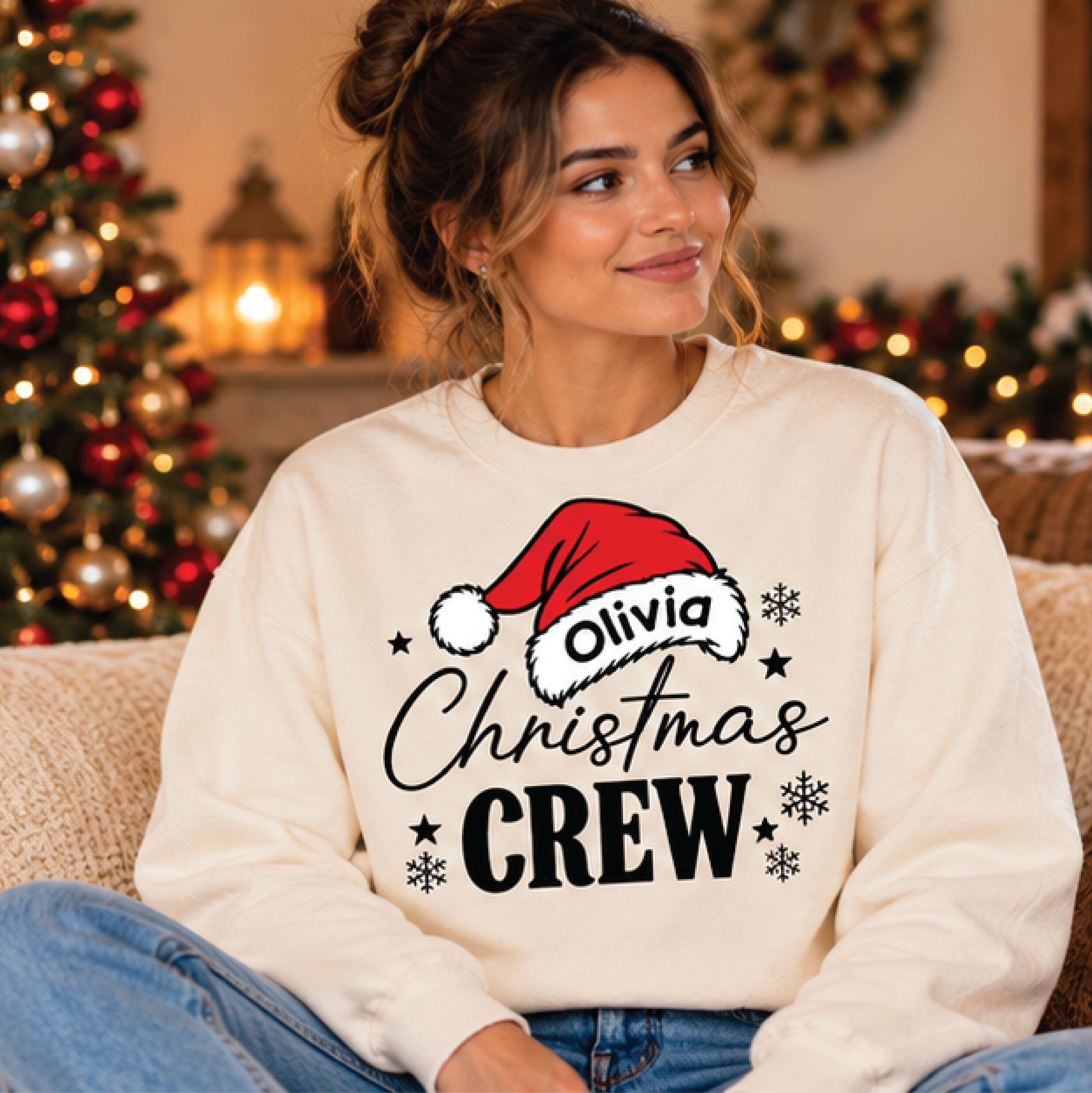personalized christmas crew sweatshirt, custom name santa hat sweater, matching family holiday crewneck, christmas gift