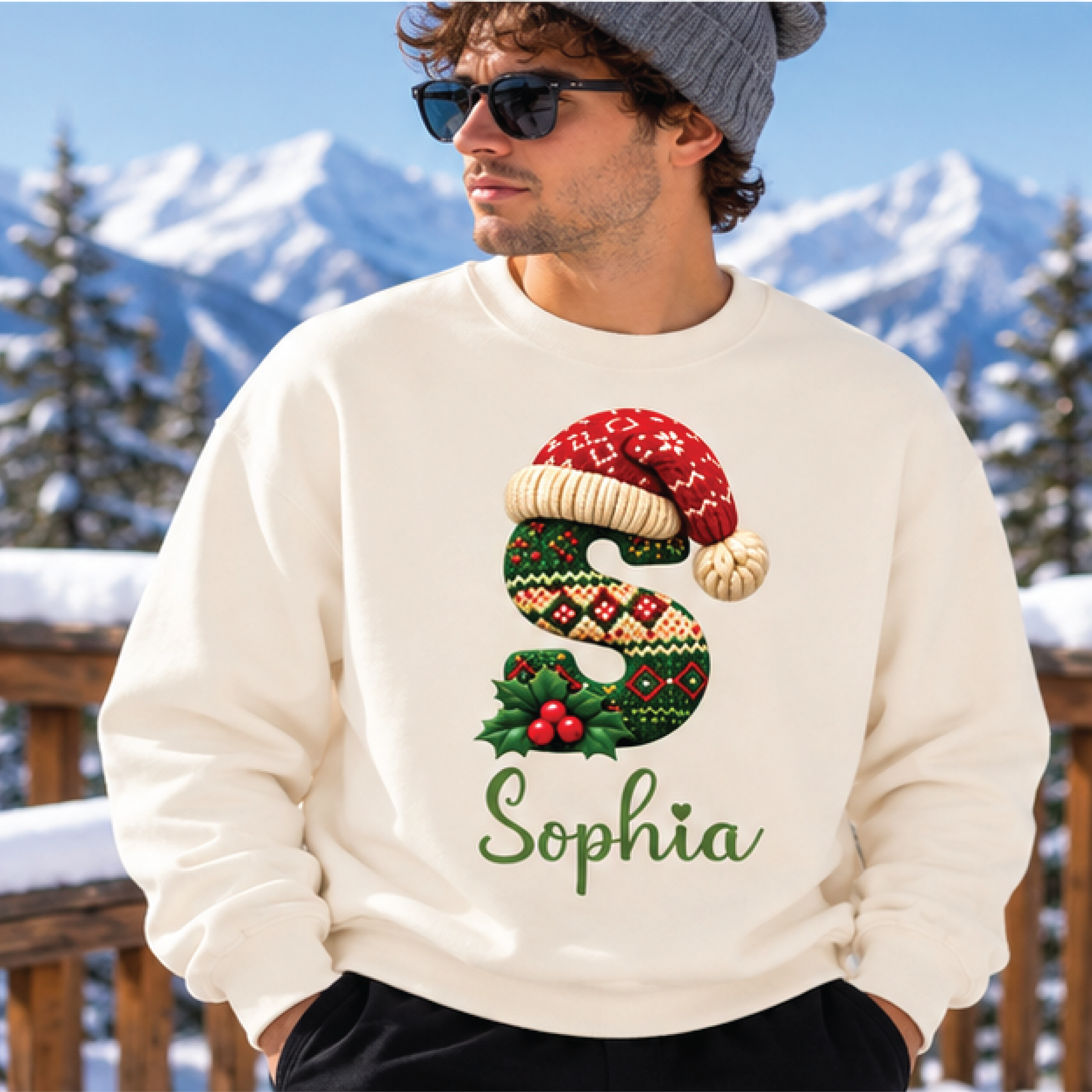 personalized christmas initial sweatshirt, custom name santa hat crewneck, festive monogram sweater, holiday family gift