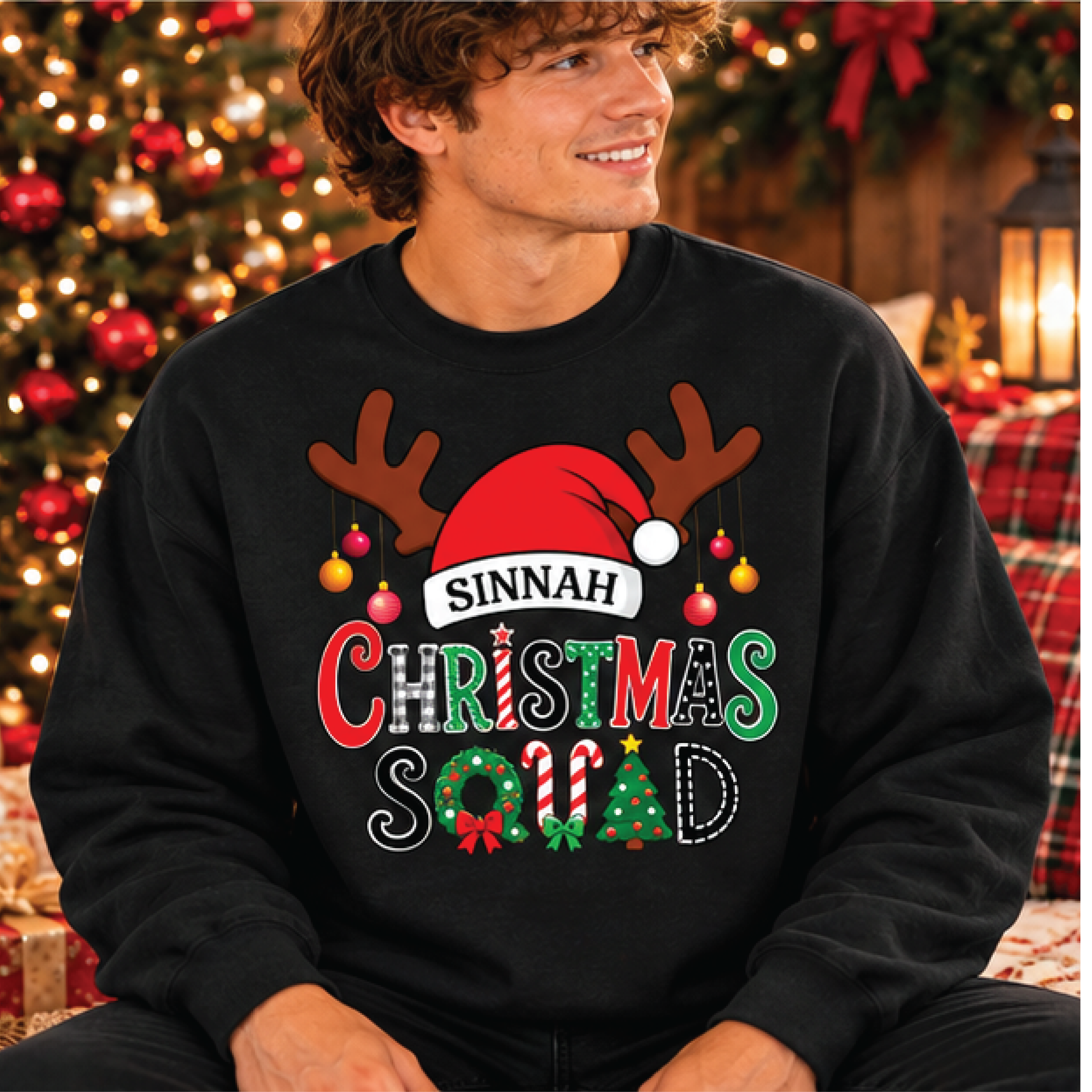 personalized christmas squad sweatshirt, custom name reindeer crewneck, matching family holiday sweater, festive xmas