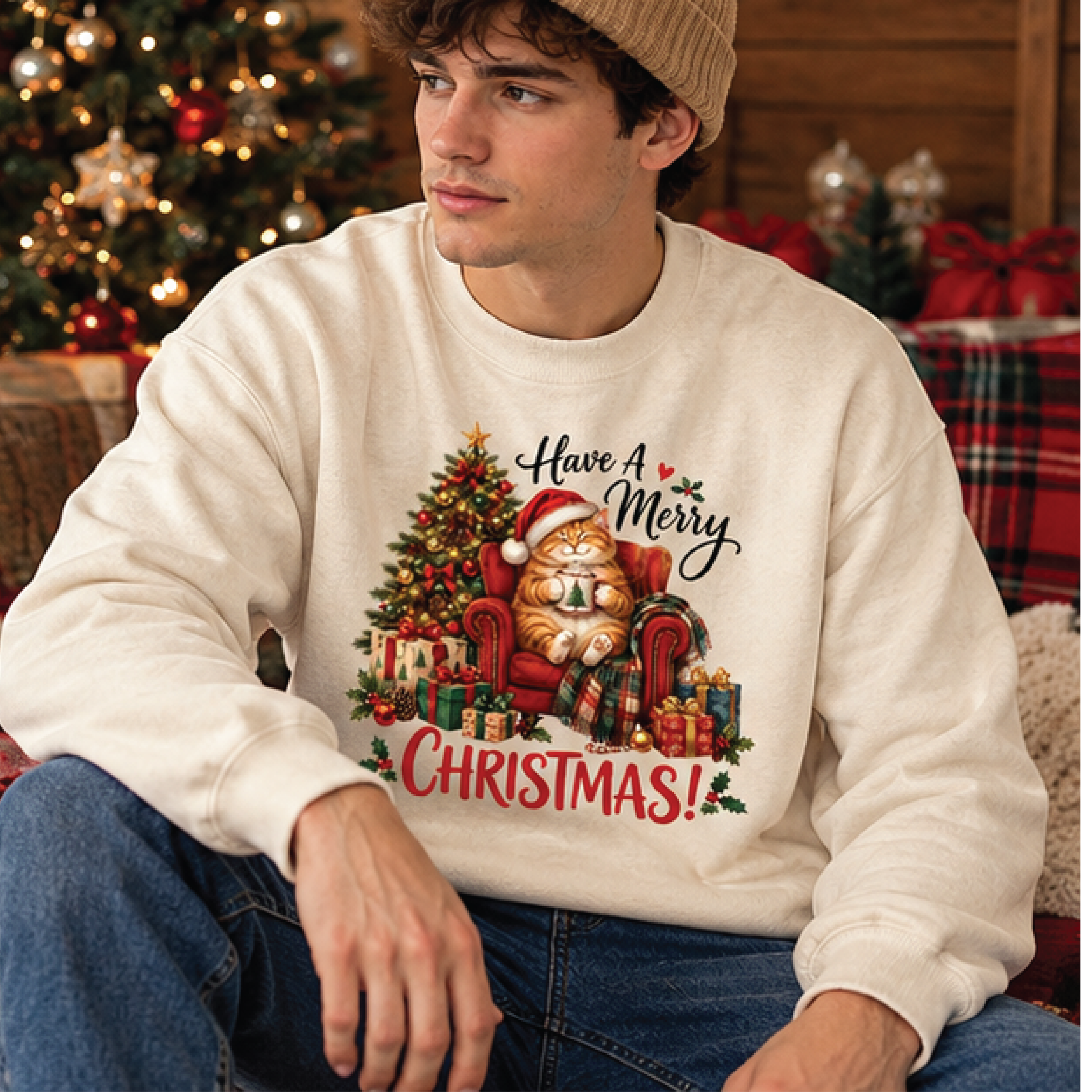merry christmas cat sweatshirt, cute santa cat christmas sweater, cozy holiday pullover, unisex festive gift