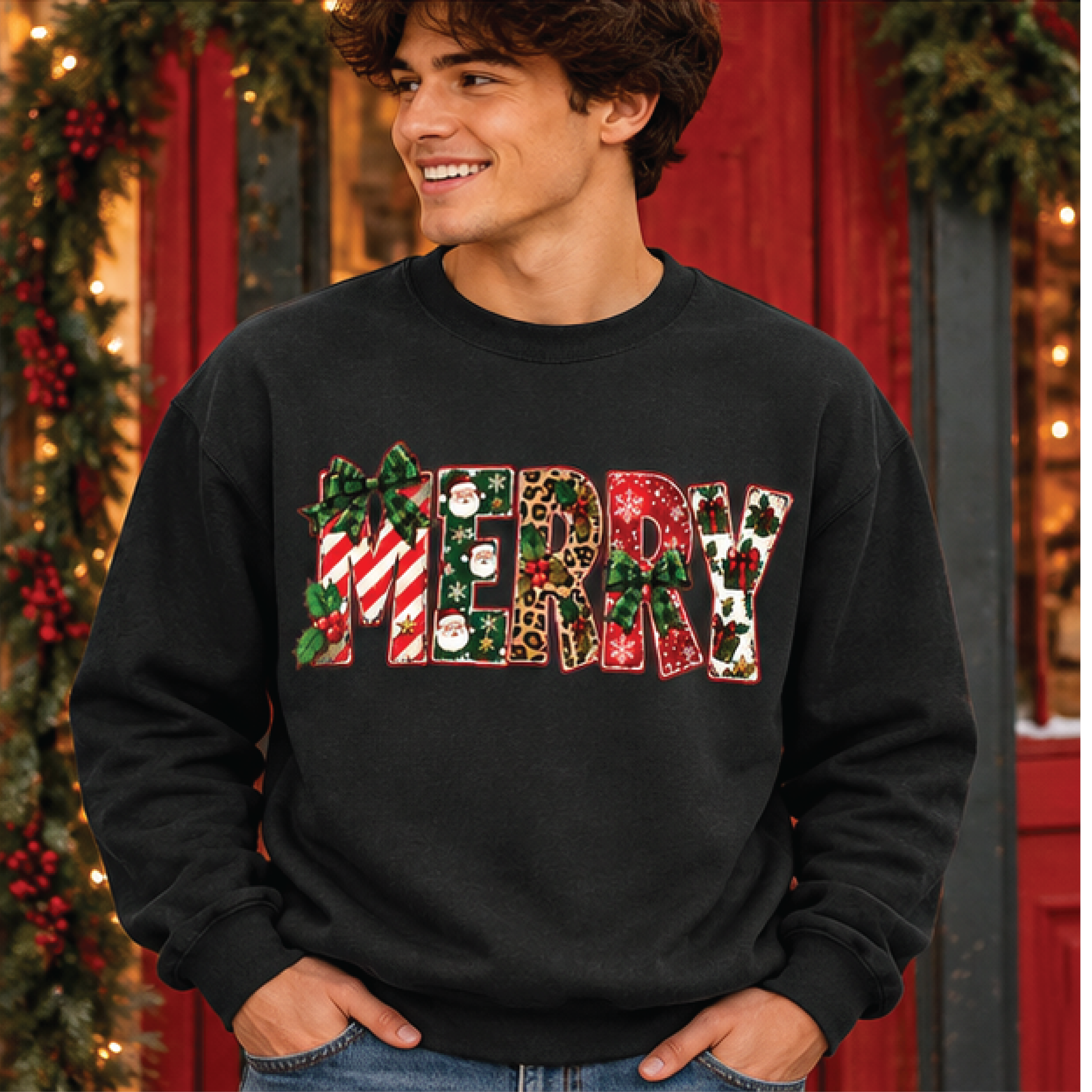 merry christmas sweatshirt, colorful merry letter print, leopard christmas sweater, cute holiday pullover, unisex adult