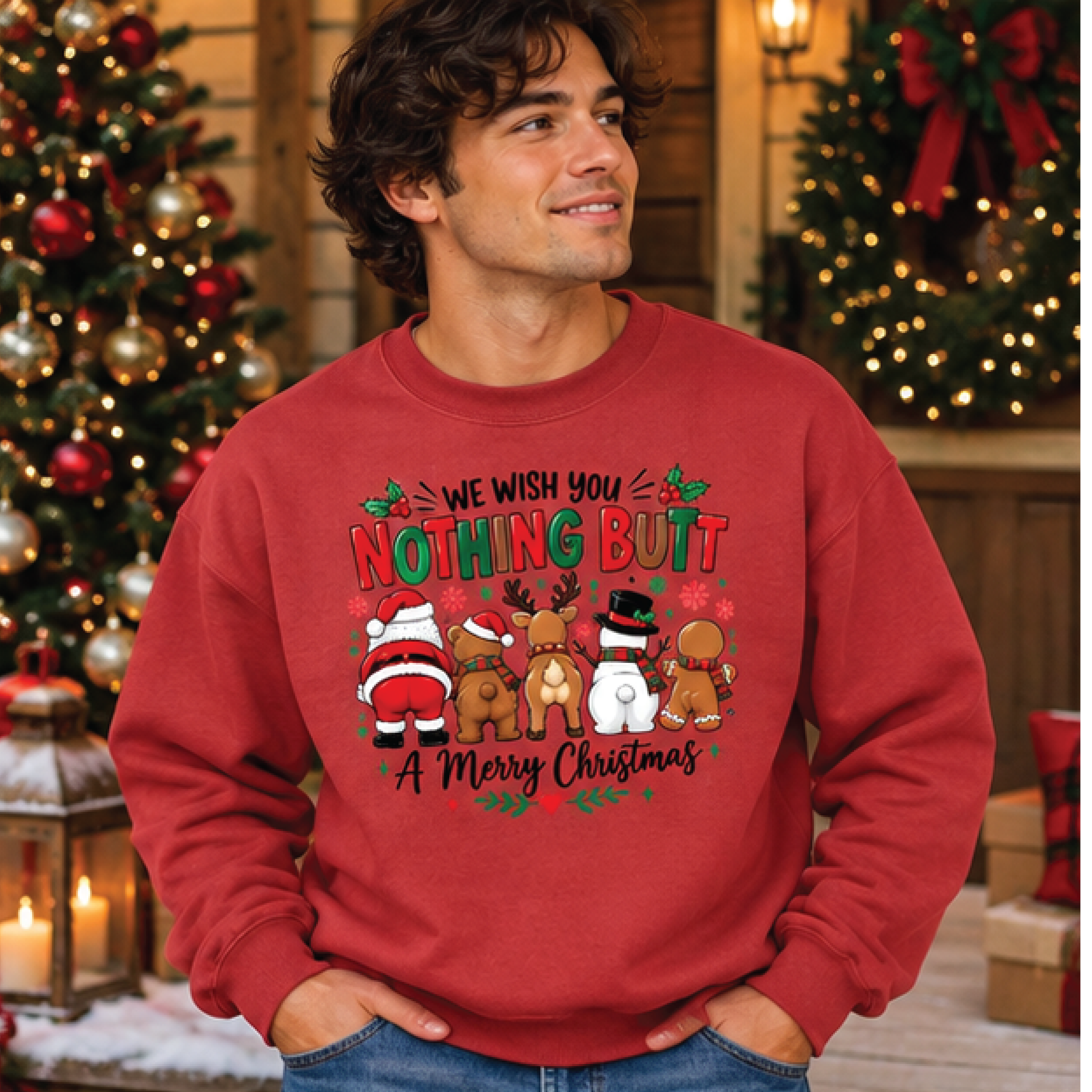 funny christmas sweatshirt, we wish you nothing butt a merry christmas sweater, santa reindeer snowman unisex adult