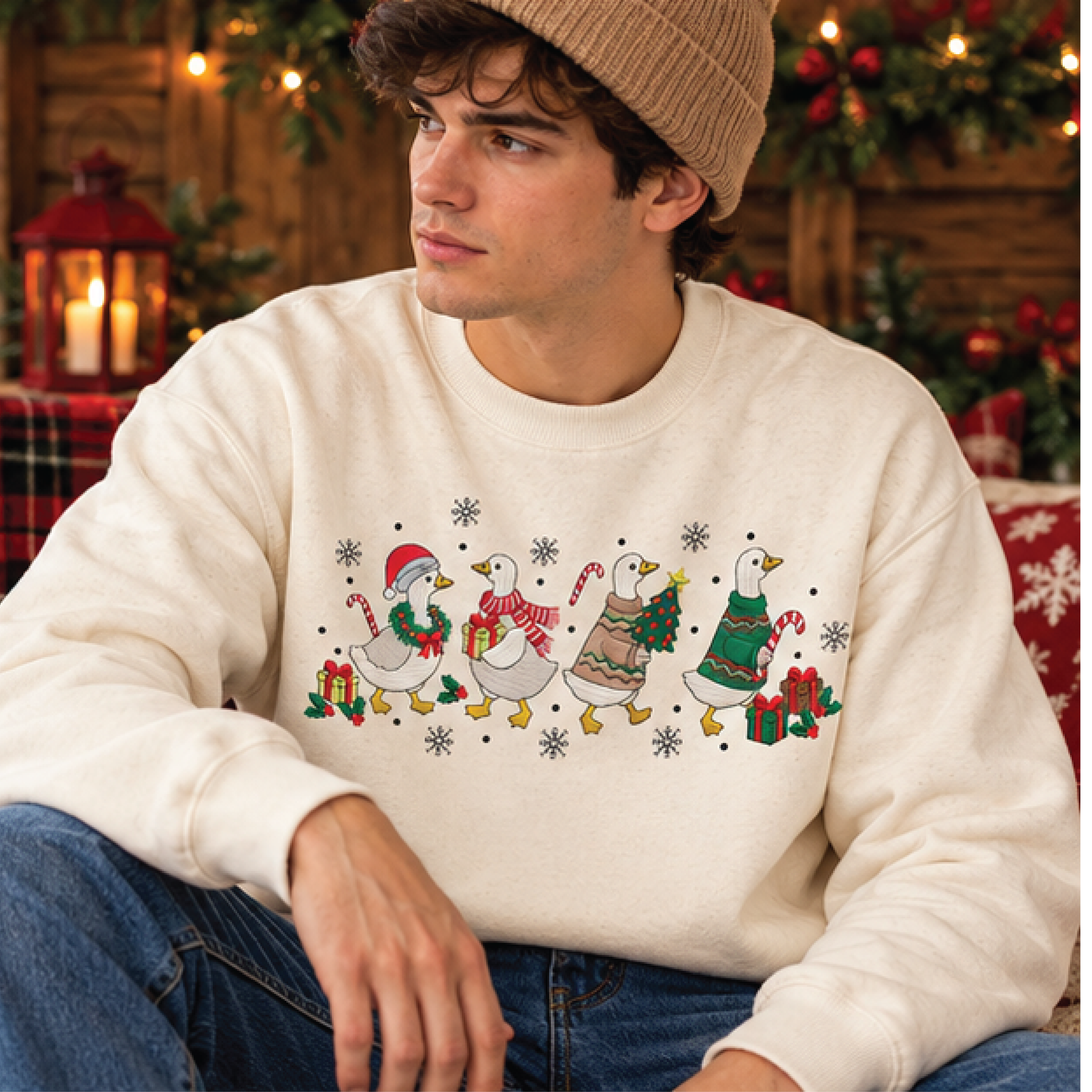 christmas goose sweatshirt, cute four festive geese sweater, funny holiday duck pullover, cozy unisex adult christmas