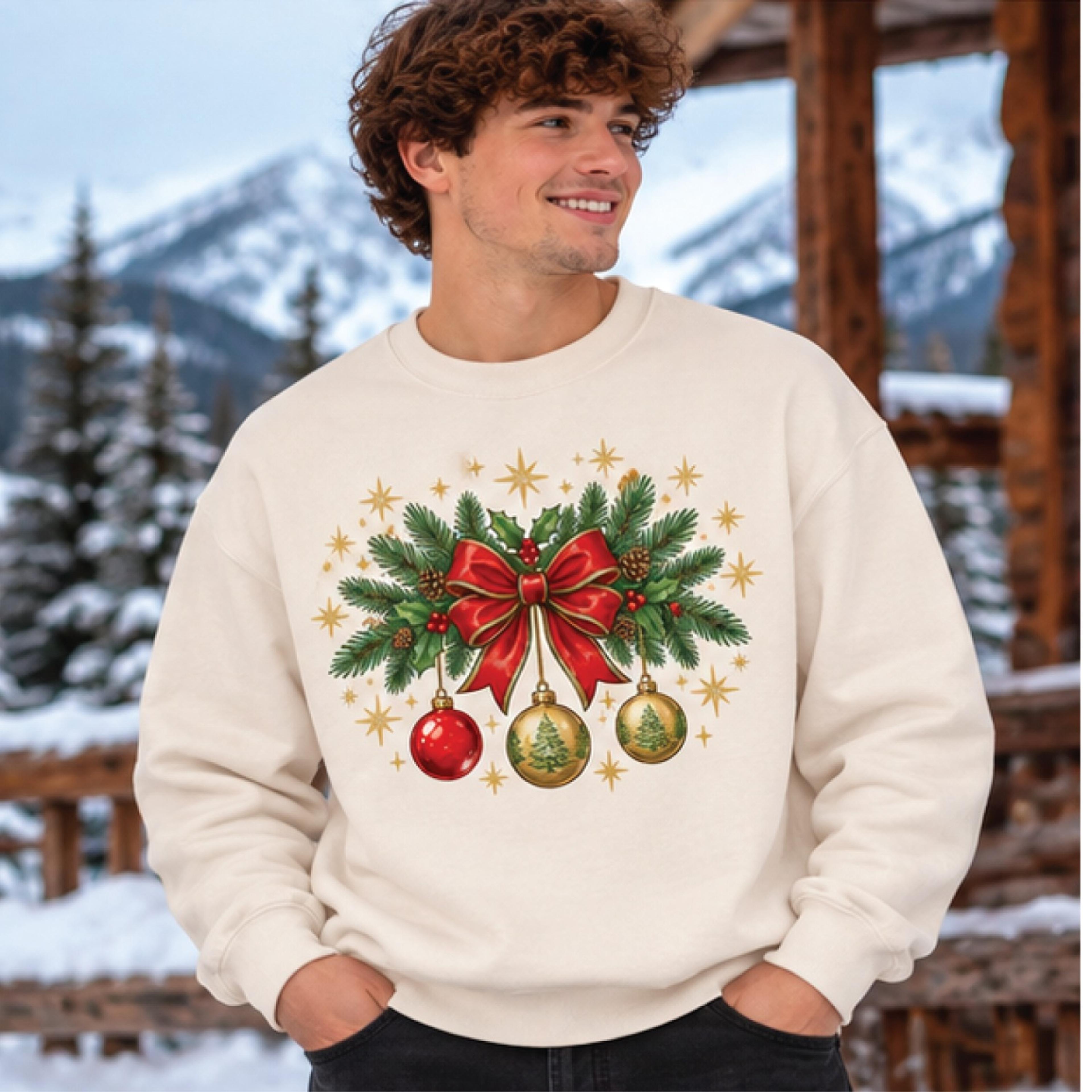 christmas bow sweatshirt, vintage christmas ornament sweater, red ribbon holiday pullover, unisex adult festive winter
