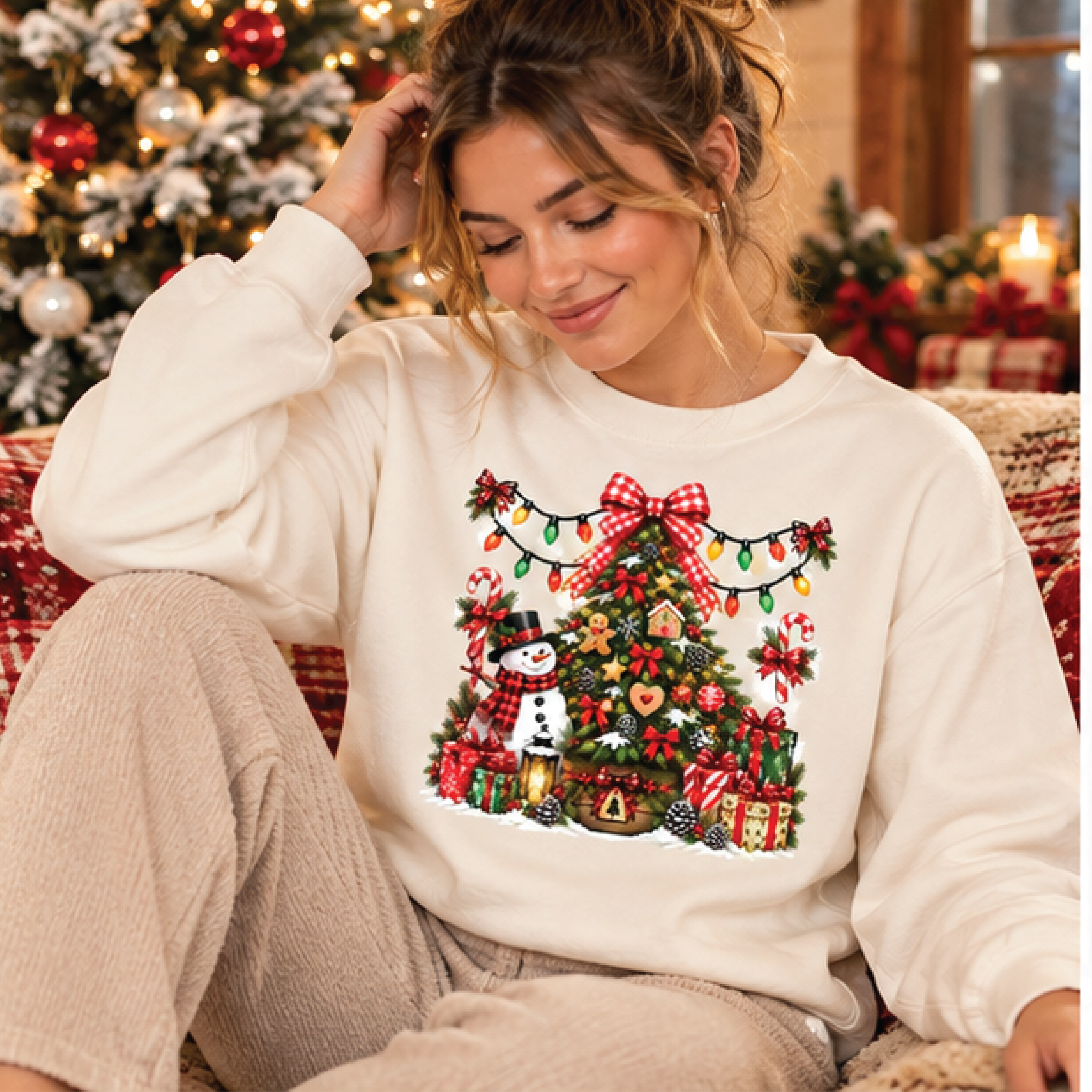 vintage christmas tree sweatshirt, cozy holiday snowman sweater, festive christmas lights and bow pullover, unisex adult