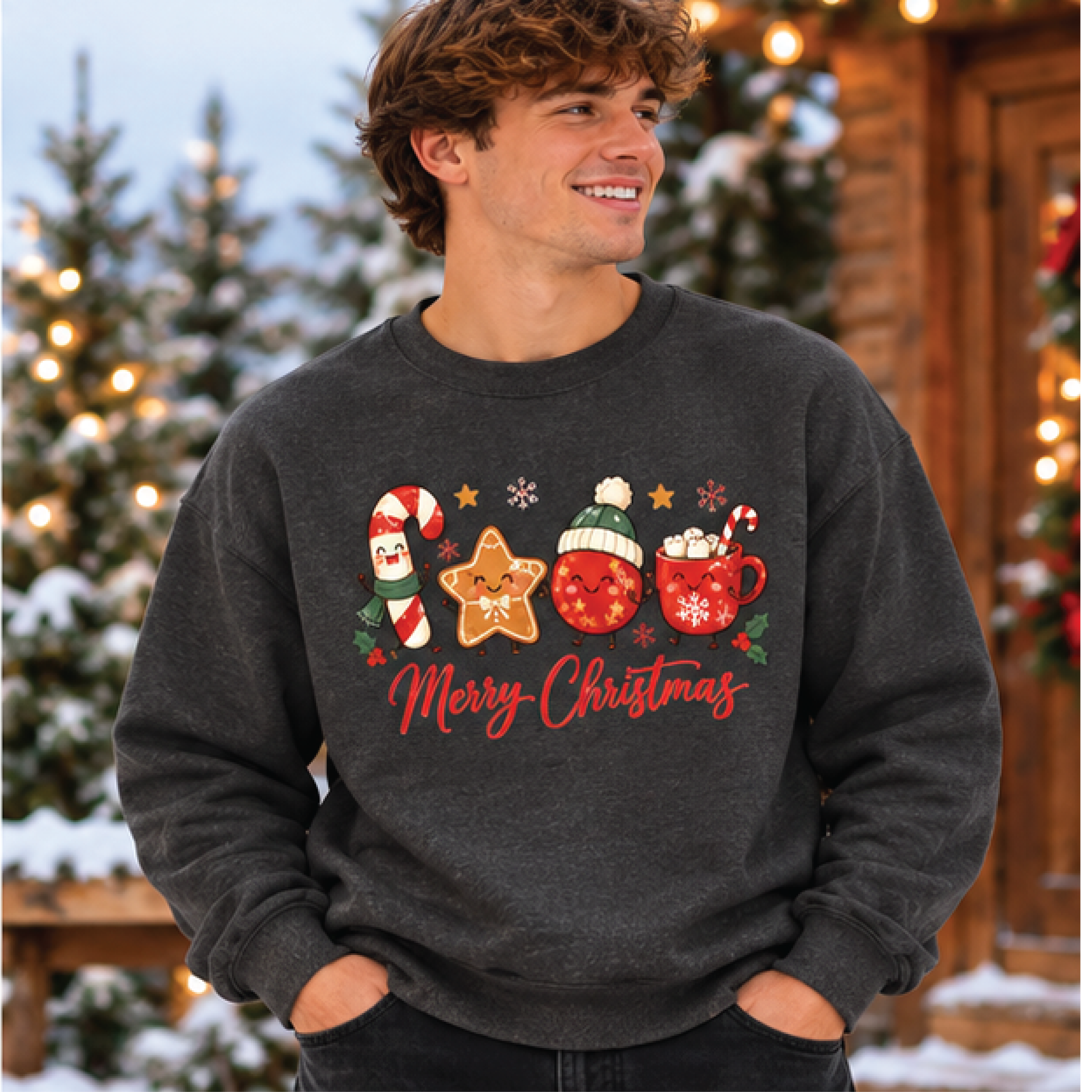 merry christmas sweatshirt, cute gingerbread star candy cane hot cocoa sweater, kawaii holiday pullover, unisex adult