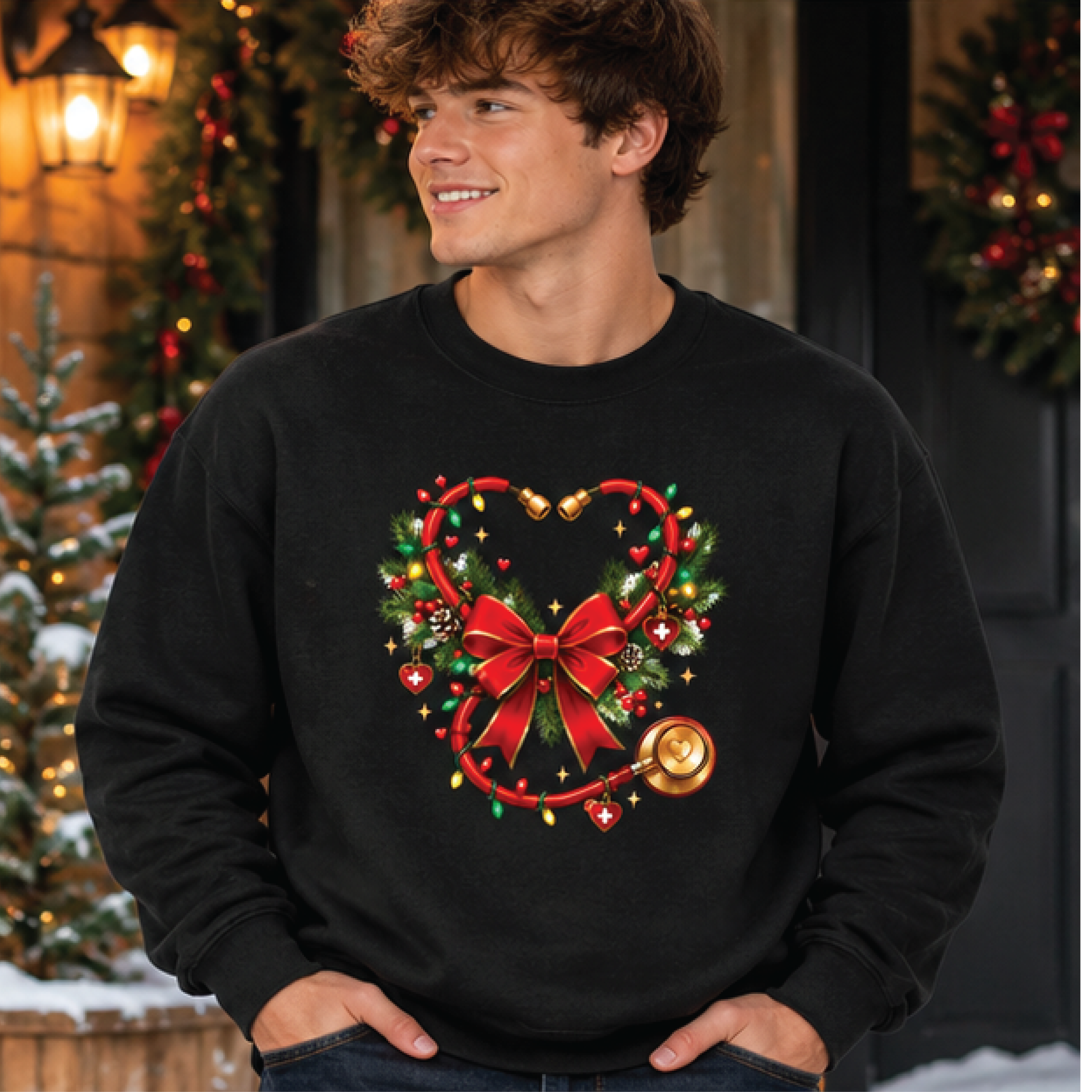 christmas nurse sweatshirt, festive stethoscope heart with red bow, cute holiday medical sweater, unisex adult nurse