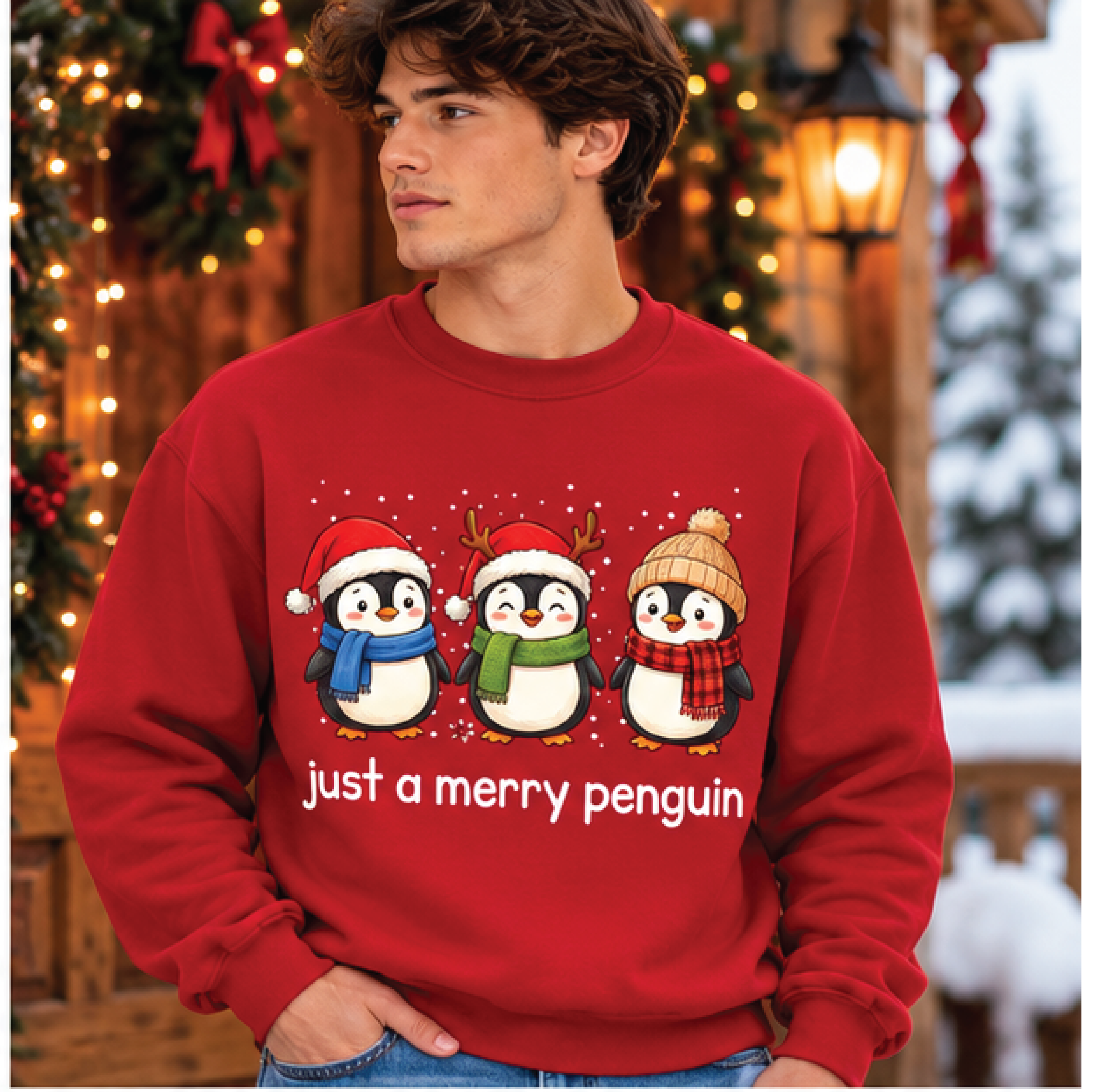 just a merry penguin christmas sweatshirt, cute penguin holiday sweater, funny winter penguin pullover, unisex adult