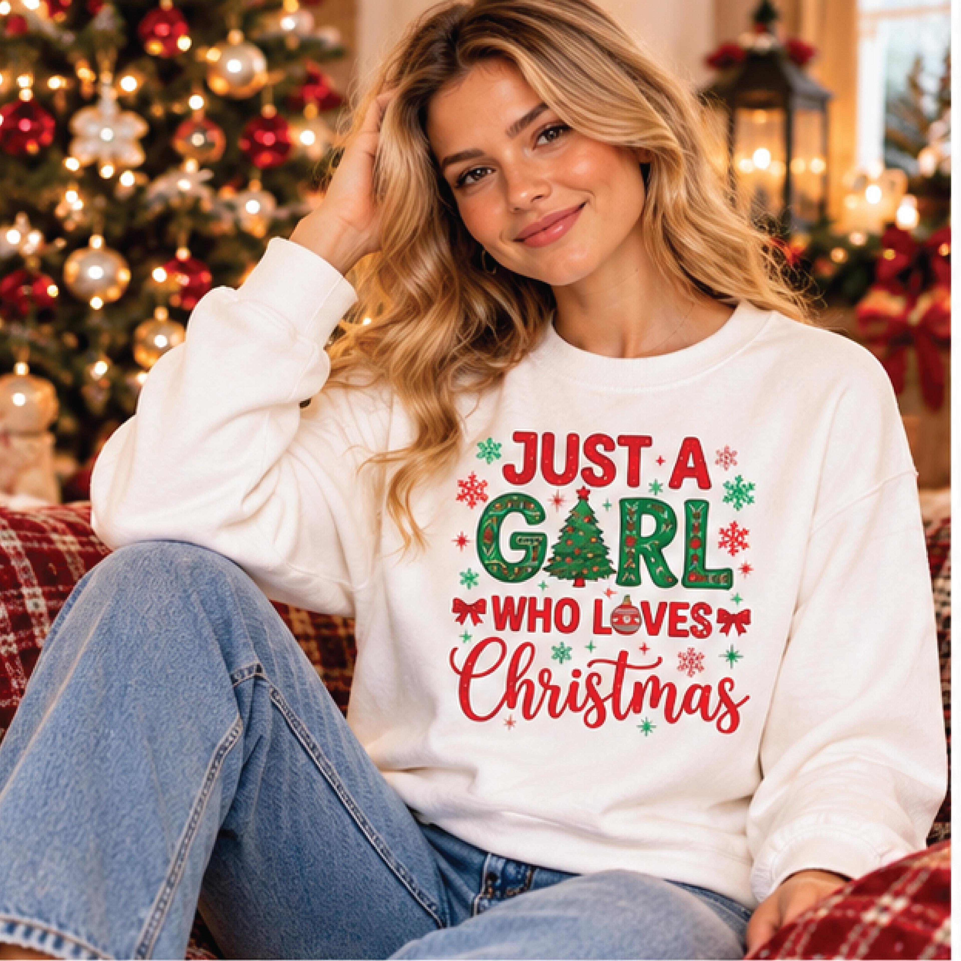 just a girl who loves christmas sweatshirt, cute christmas tree graphic pullover, festive holiday sweater, unisex adult