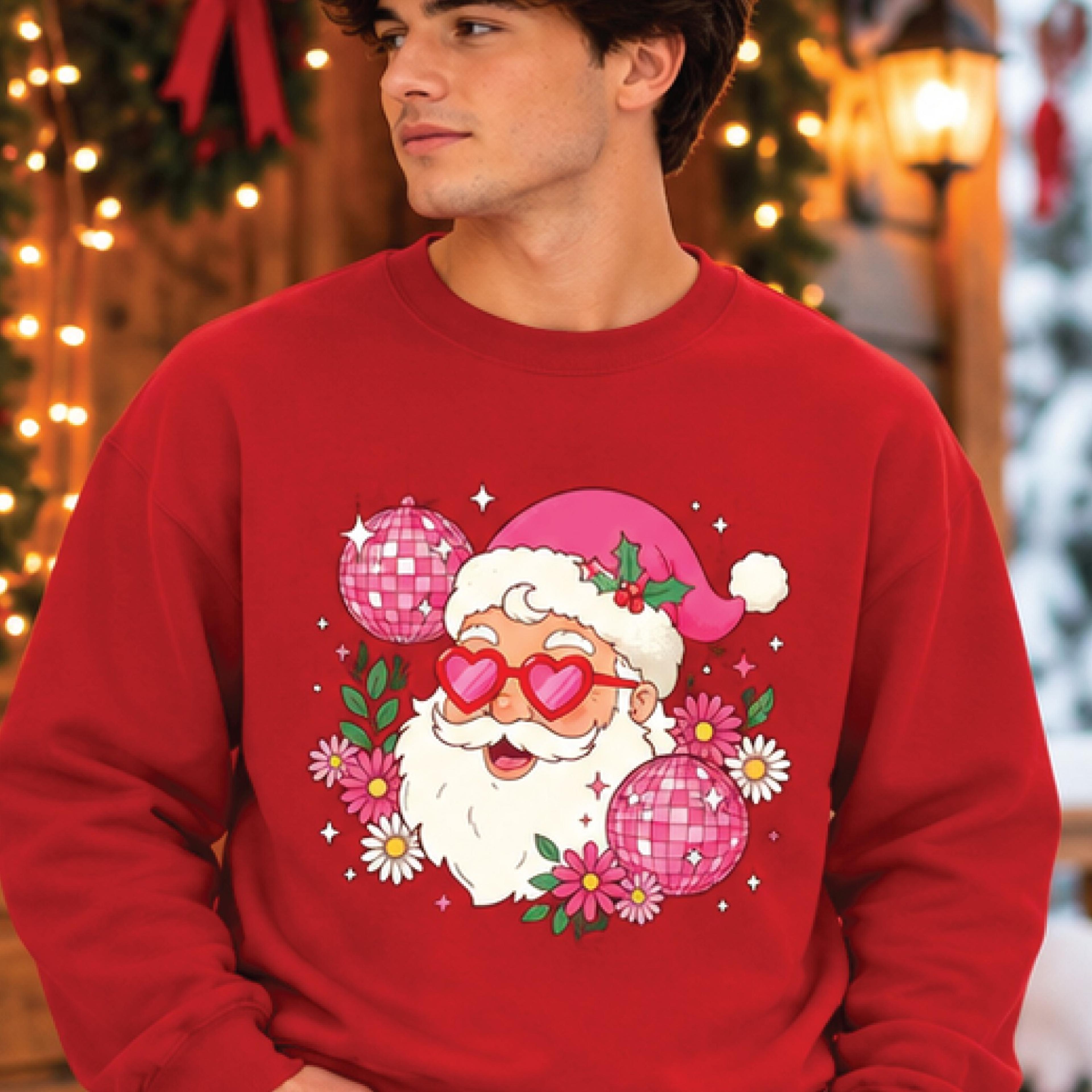 retro pink santa claus sweatshirt, groovy christmas graphic pullover, disco ball santa holiday sweater, unisex adult