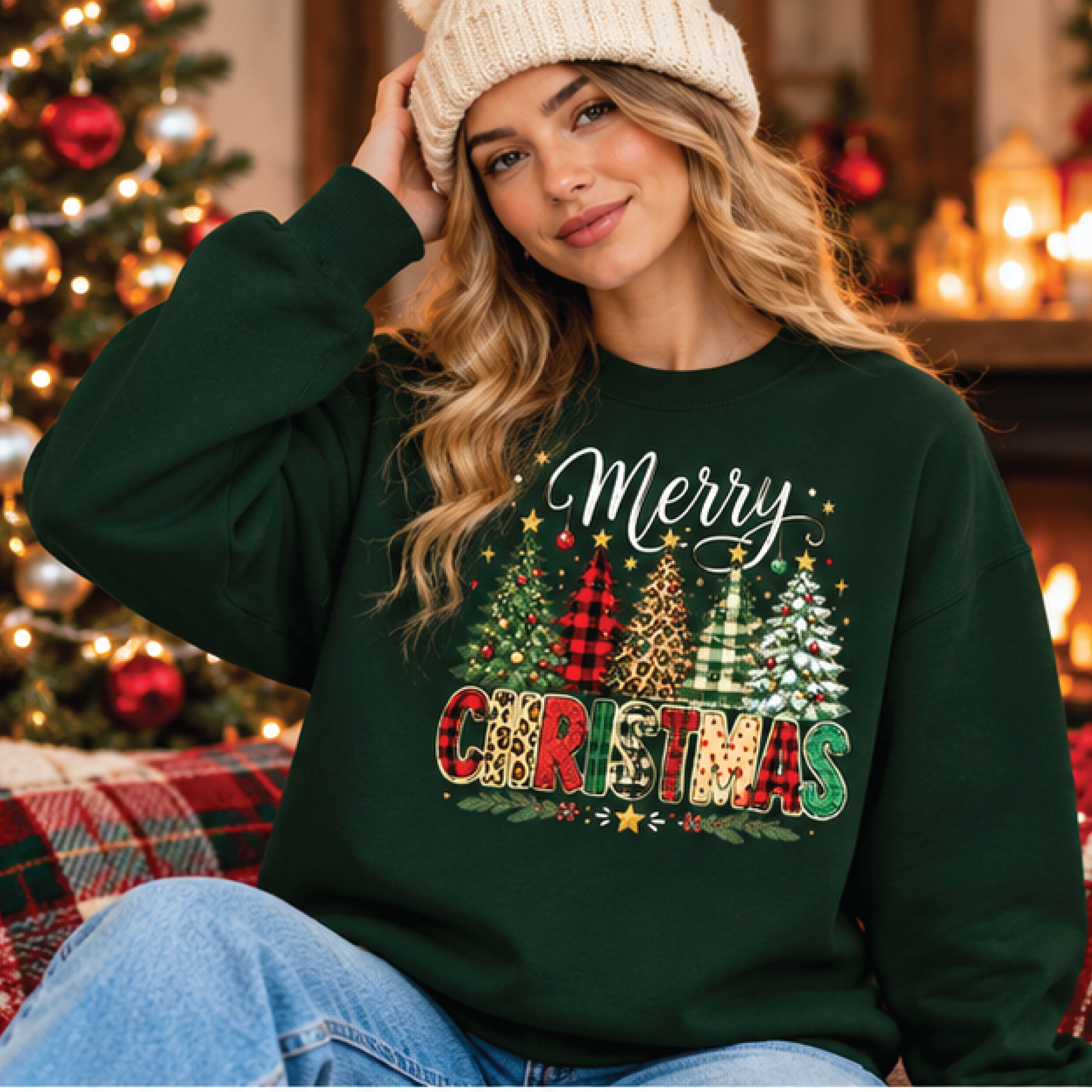 merry christmas sweatshirt, festive christmas tree graphic crewneck, leopard print plaid holiday sweater, unisex adult
