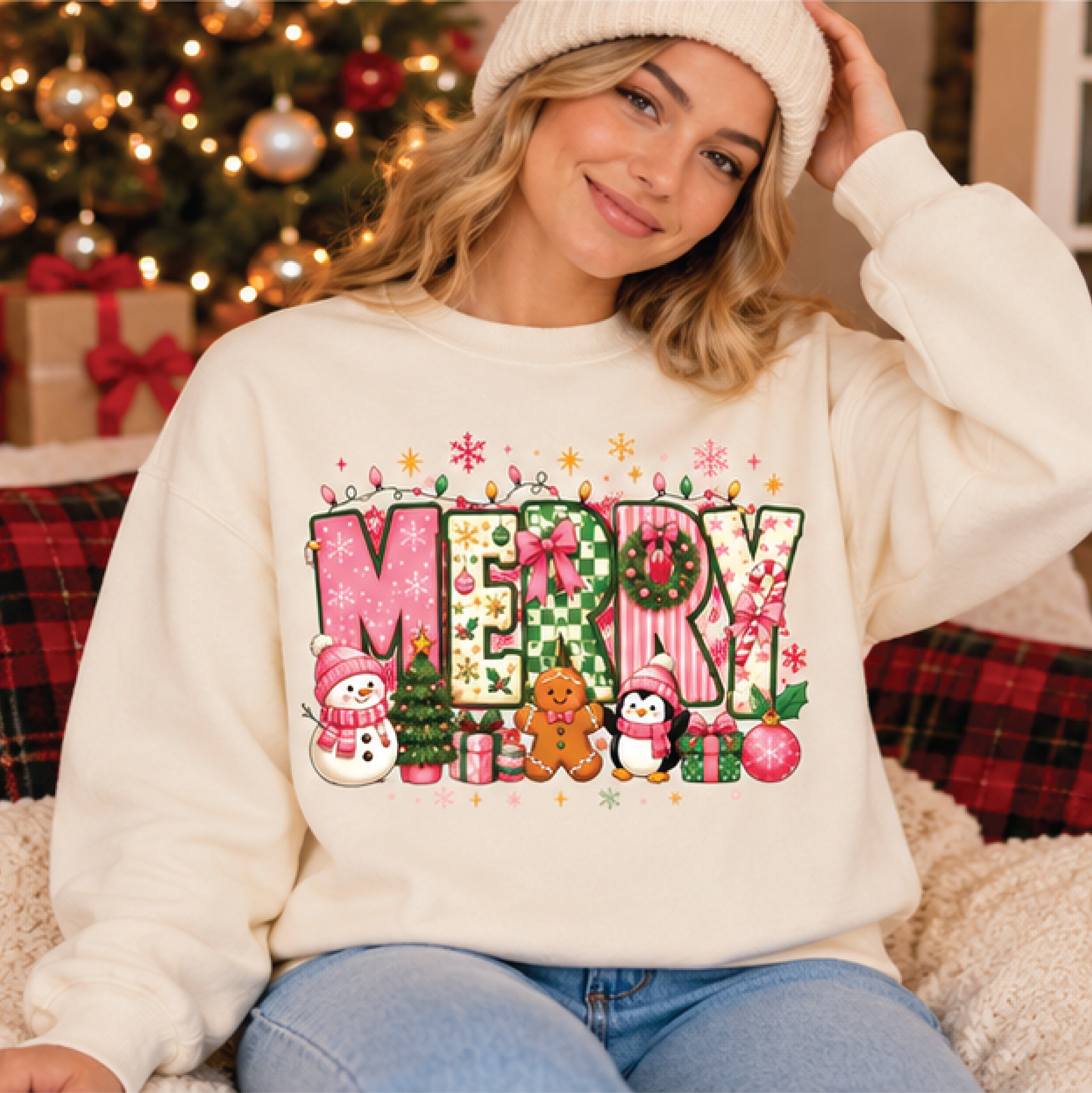 merry christmas sweatshirt, cute pastel holiday graphic crewneck, festive snowman gingerbread penguin design, unisex
