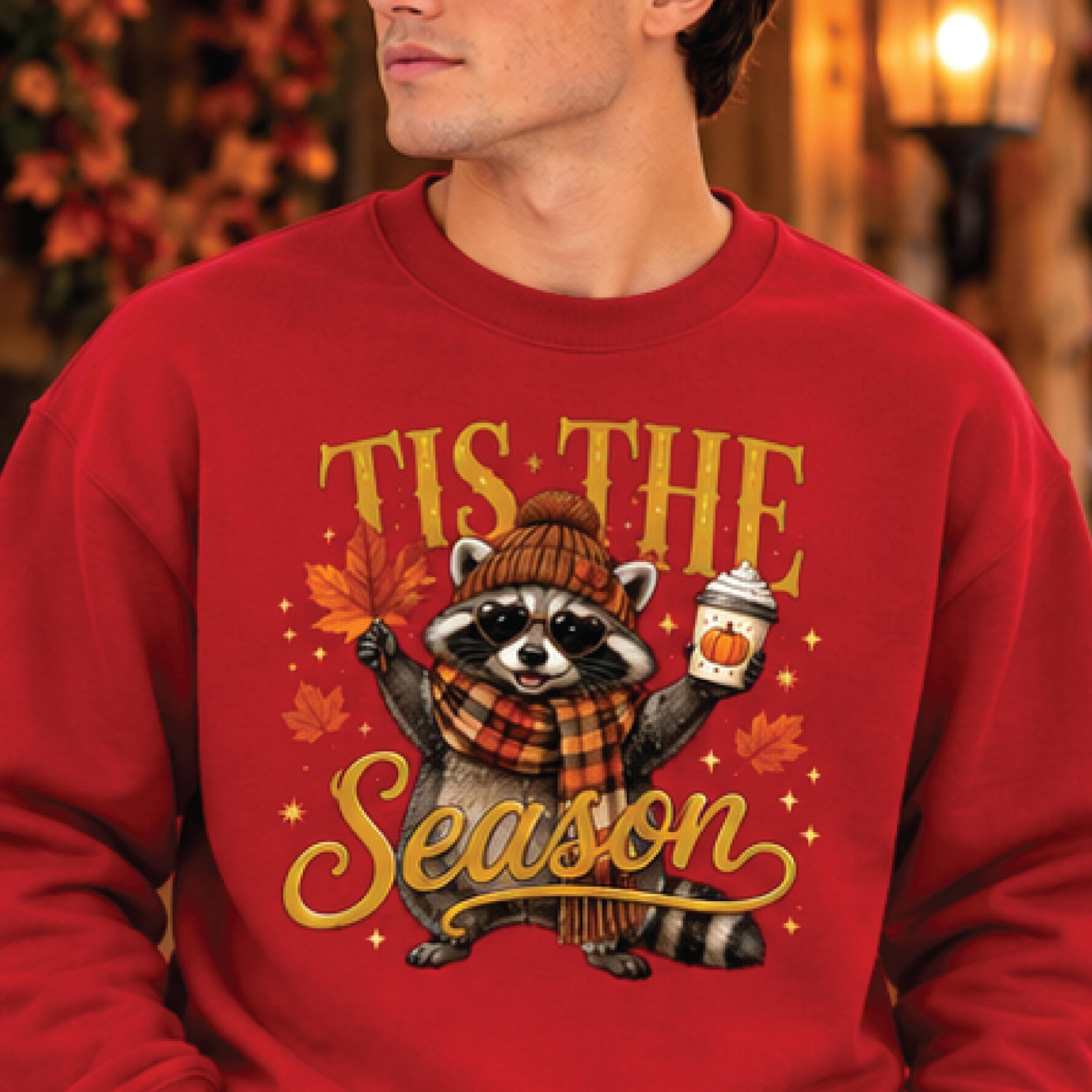 tis the season raccoon sweatshirt, cute fall raccoon crewneck, pumpkin spice coffee lover sweater, cozy autumn gift