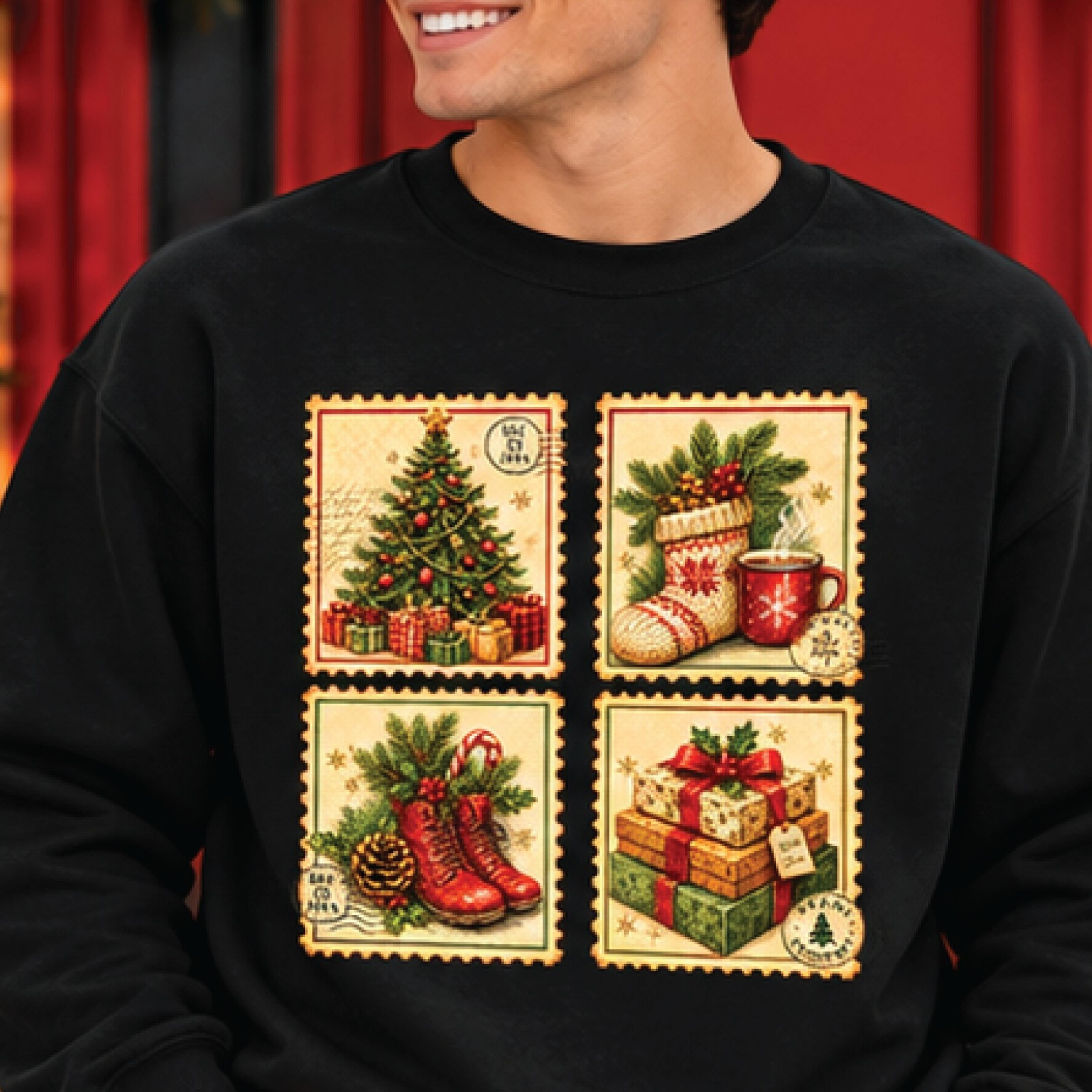 vintage christmas postage stamp sweatshirt, retro holiday collage crewneck, christmas tree and gifts graphic sweater