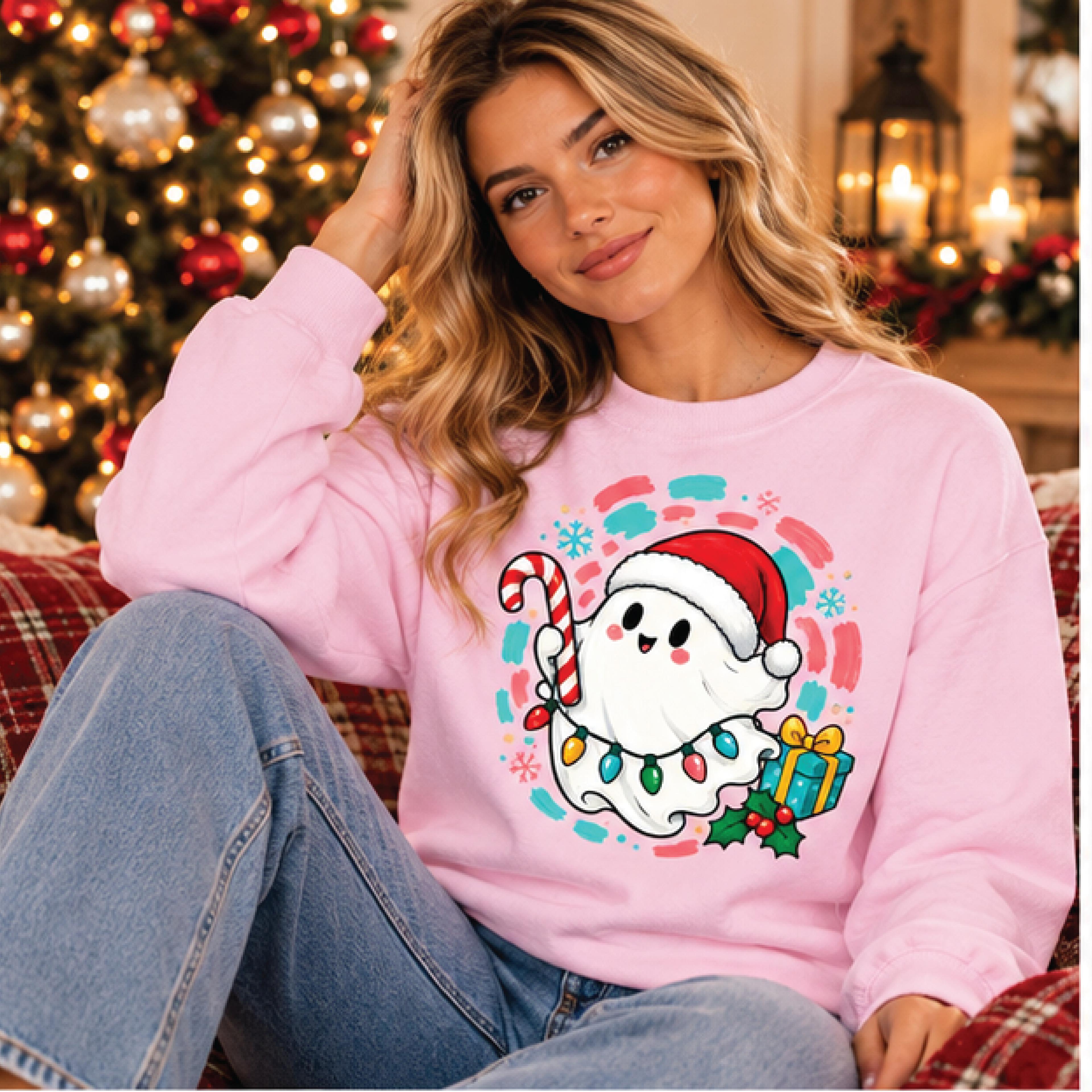 cute christmas ghost sweatshirt, kawaii santa ghost graphic crewneck, festive holiday lights sweater, unisex adult