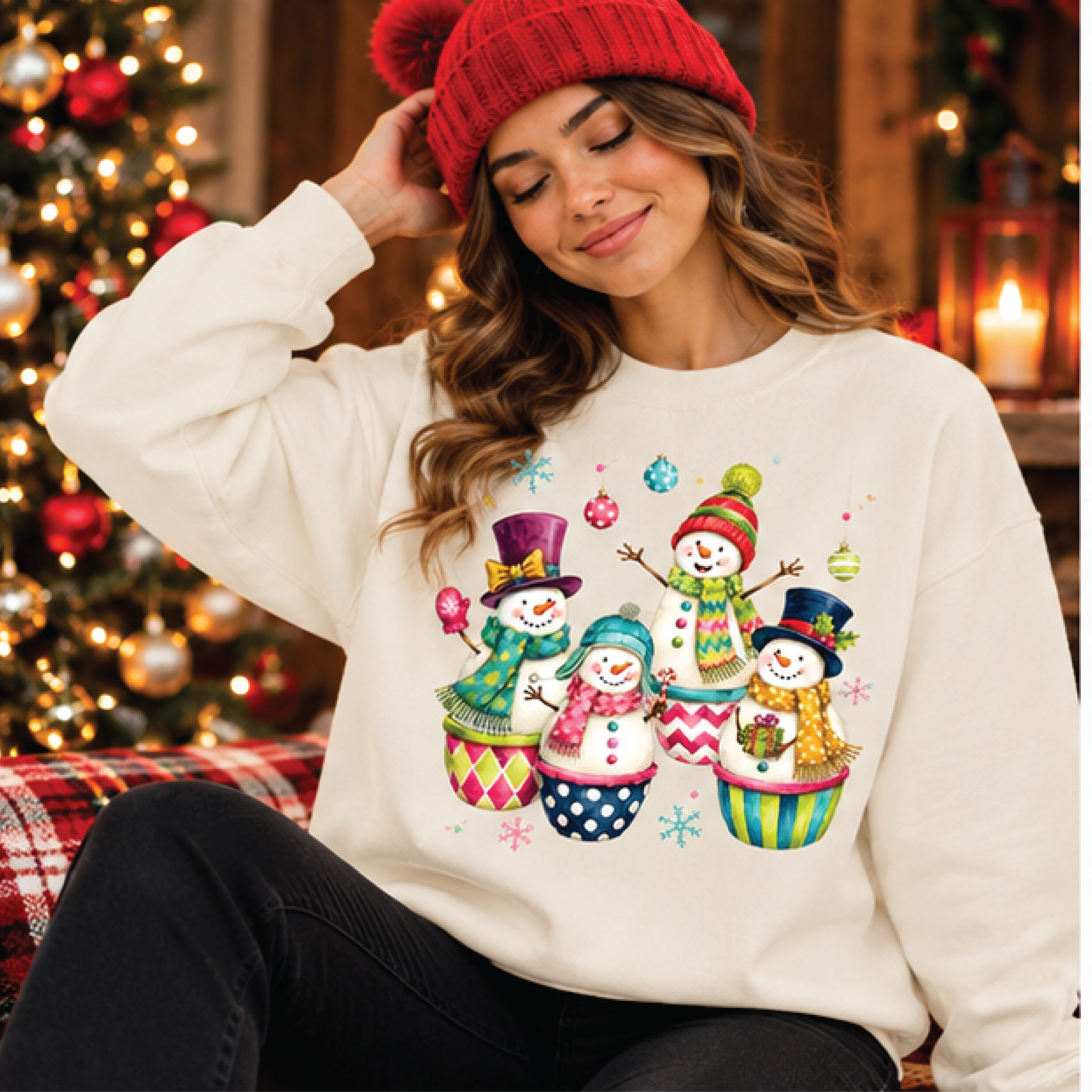 cute christmas snowman sweatshirt, colorful snowman family graphic crewneck, festive winter holiday sweater, unisex