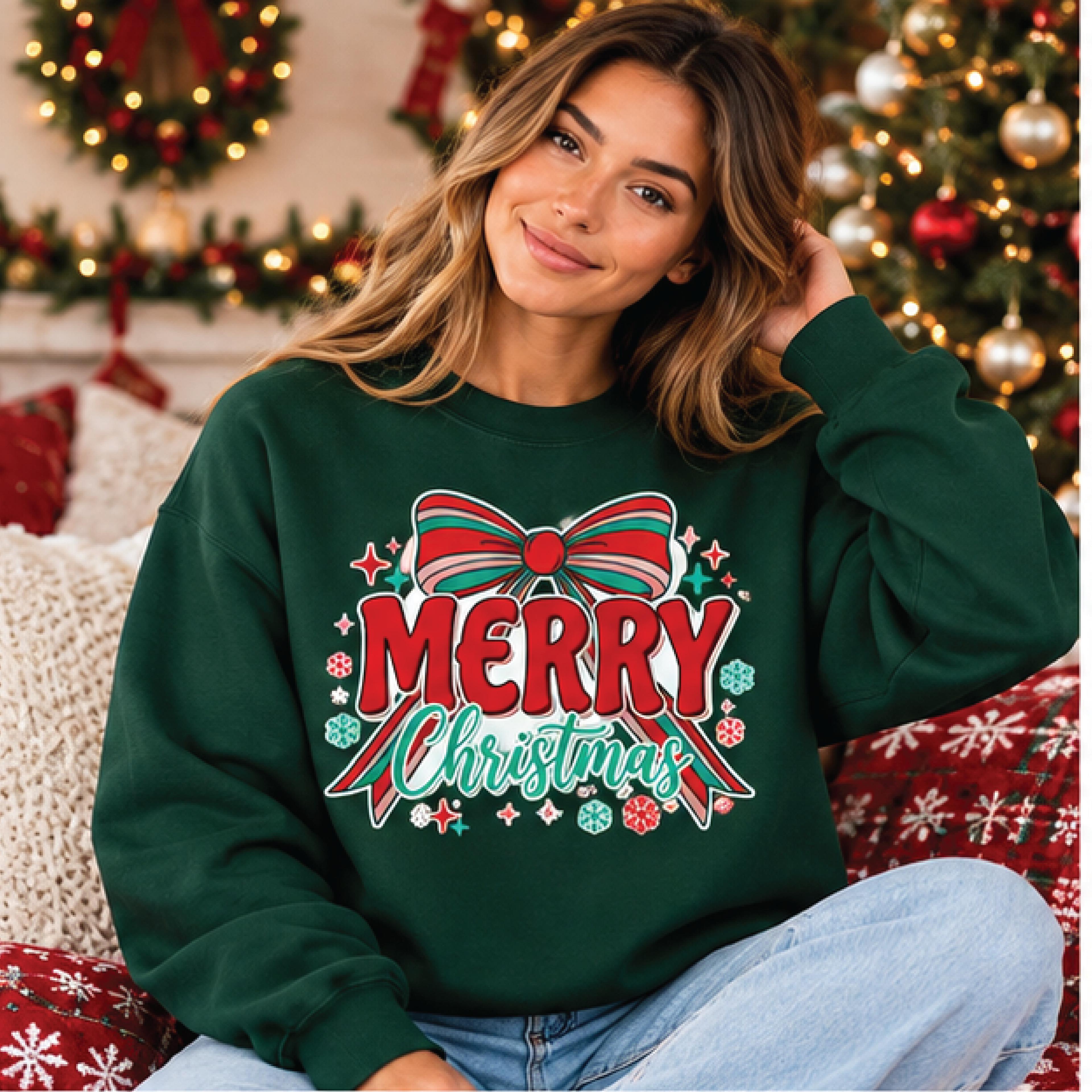merry christmas bow sweatshirt, festive holiday graphic crewneck, cute christmas ribbon sweater, unisex adult xmas gift