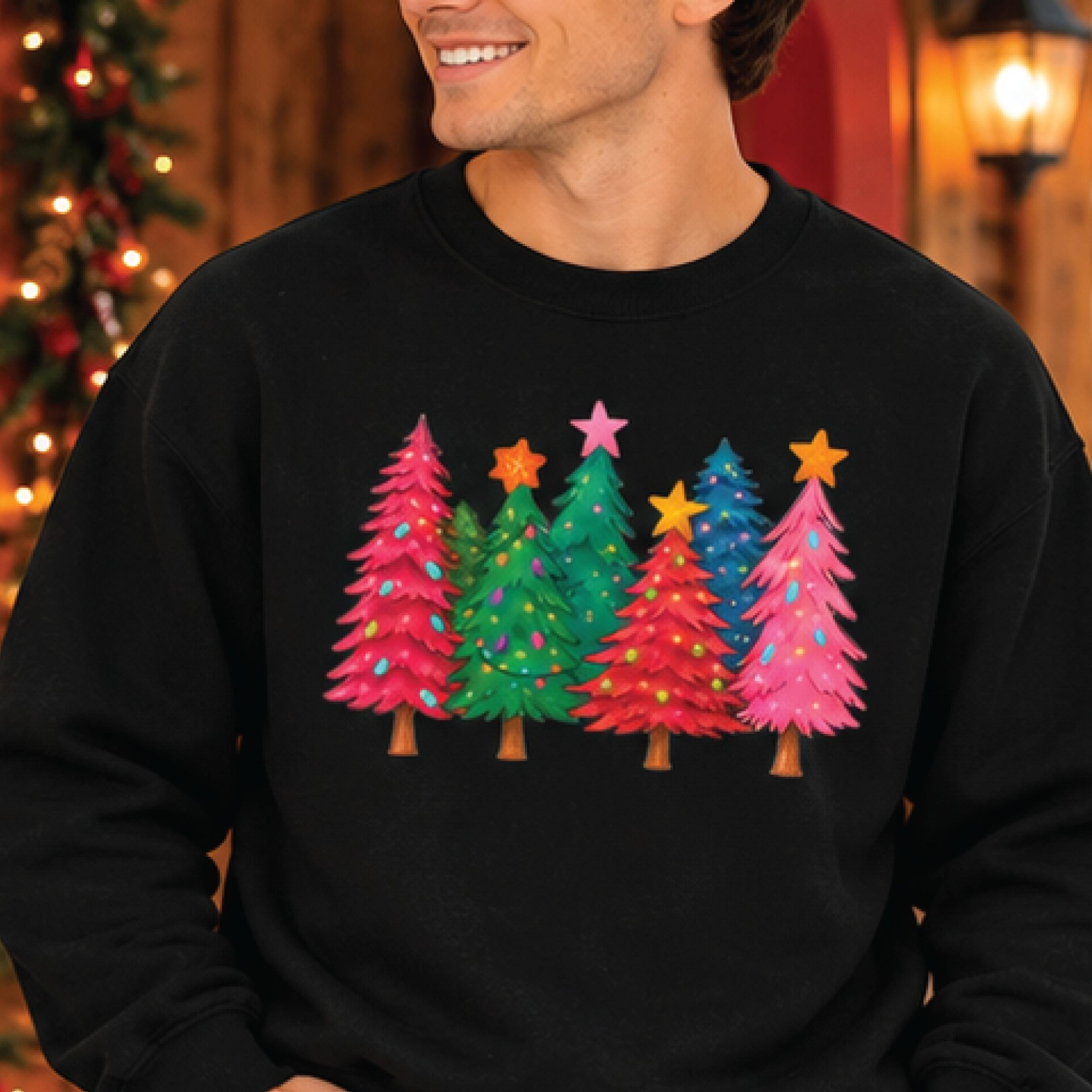 colorful christmas trees sweatshirt, retro holiday tree graphic crewneck, cute festive winter sweater, unisex adult xmas