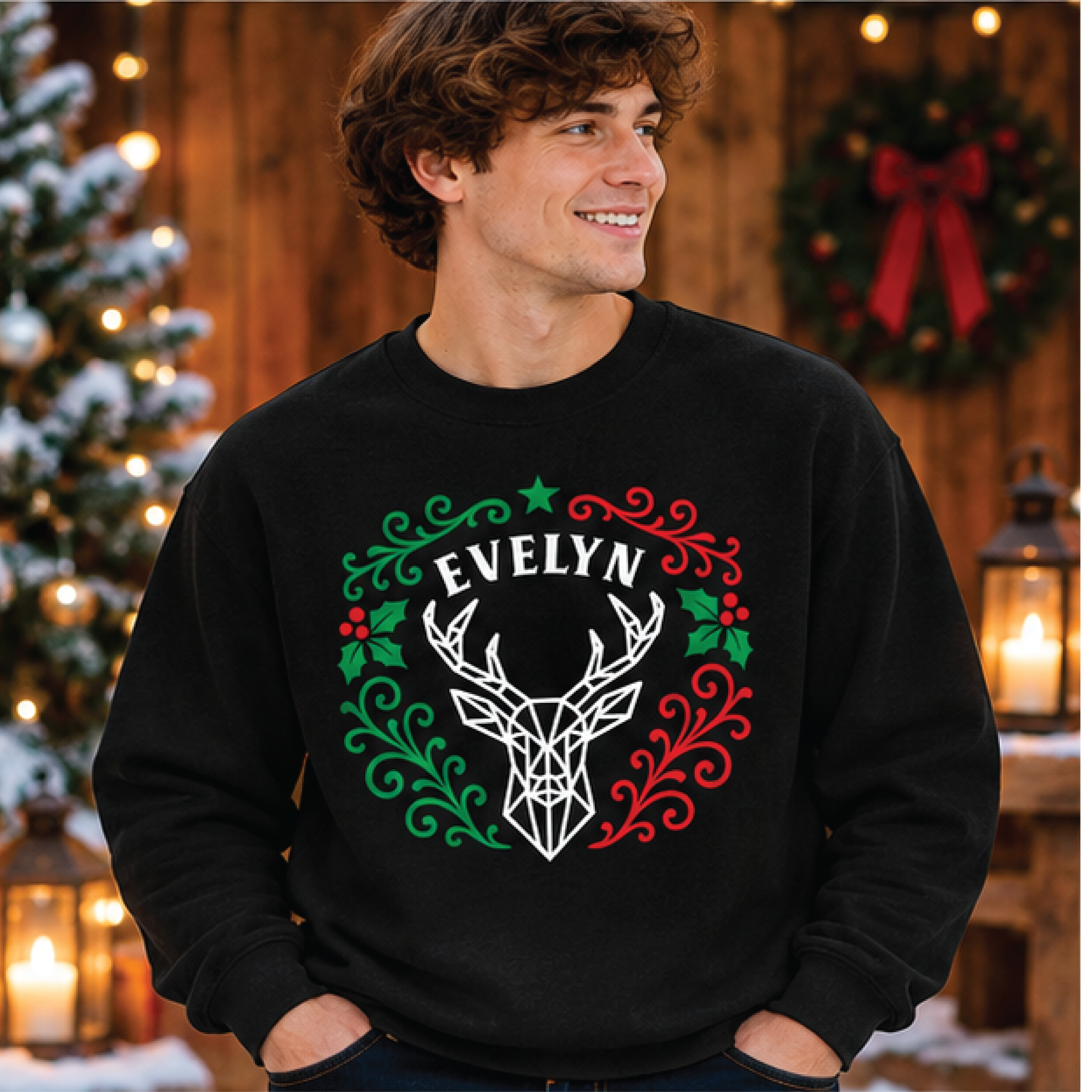 evelyn christmas sweatshirt, geometric reindeer graphic crewneck, festive holly deer sweater, unisex adult holiday gift