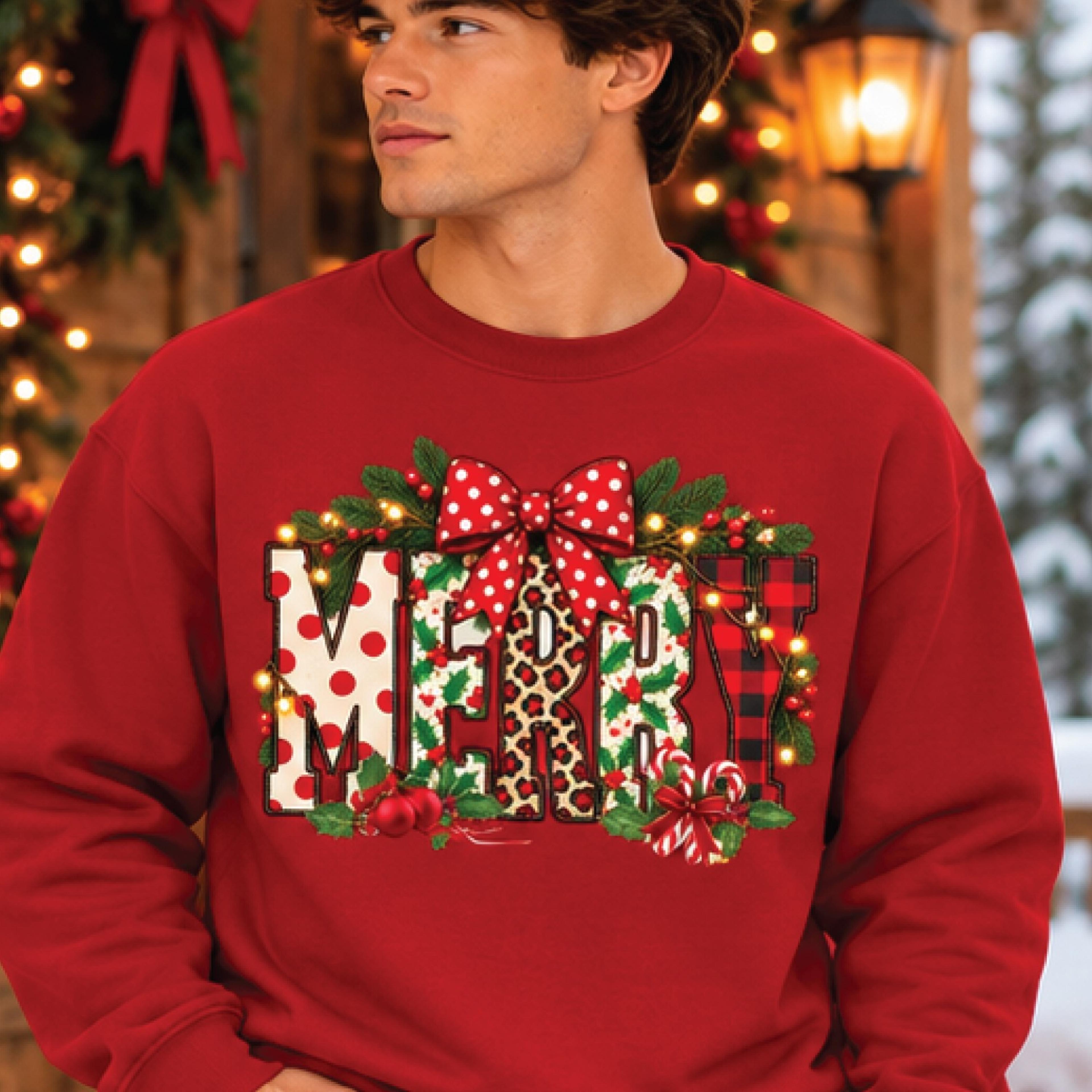 merry christmas sweatshirt, festive leopard print merry graphic crewneck, cute holiday bow sweatshirt, unisex christmas