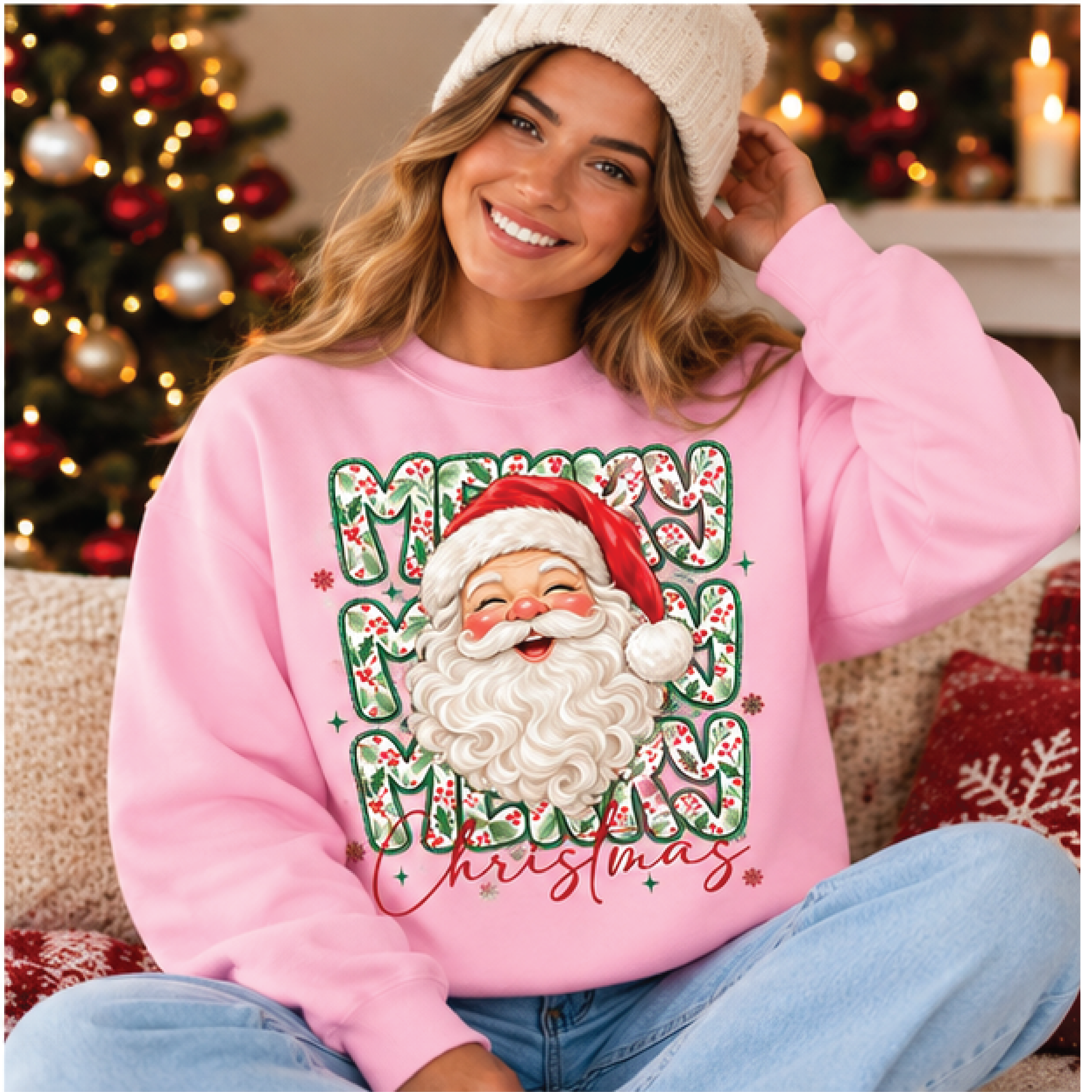 merry merry merry christmas sweatshirt, cute santa claus graphic crewneck, retro holiday sweater, unisex adult christmas