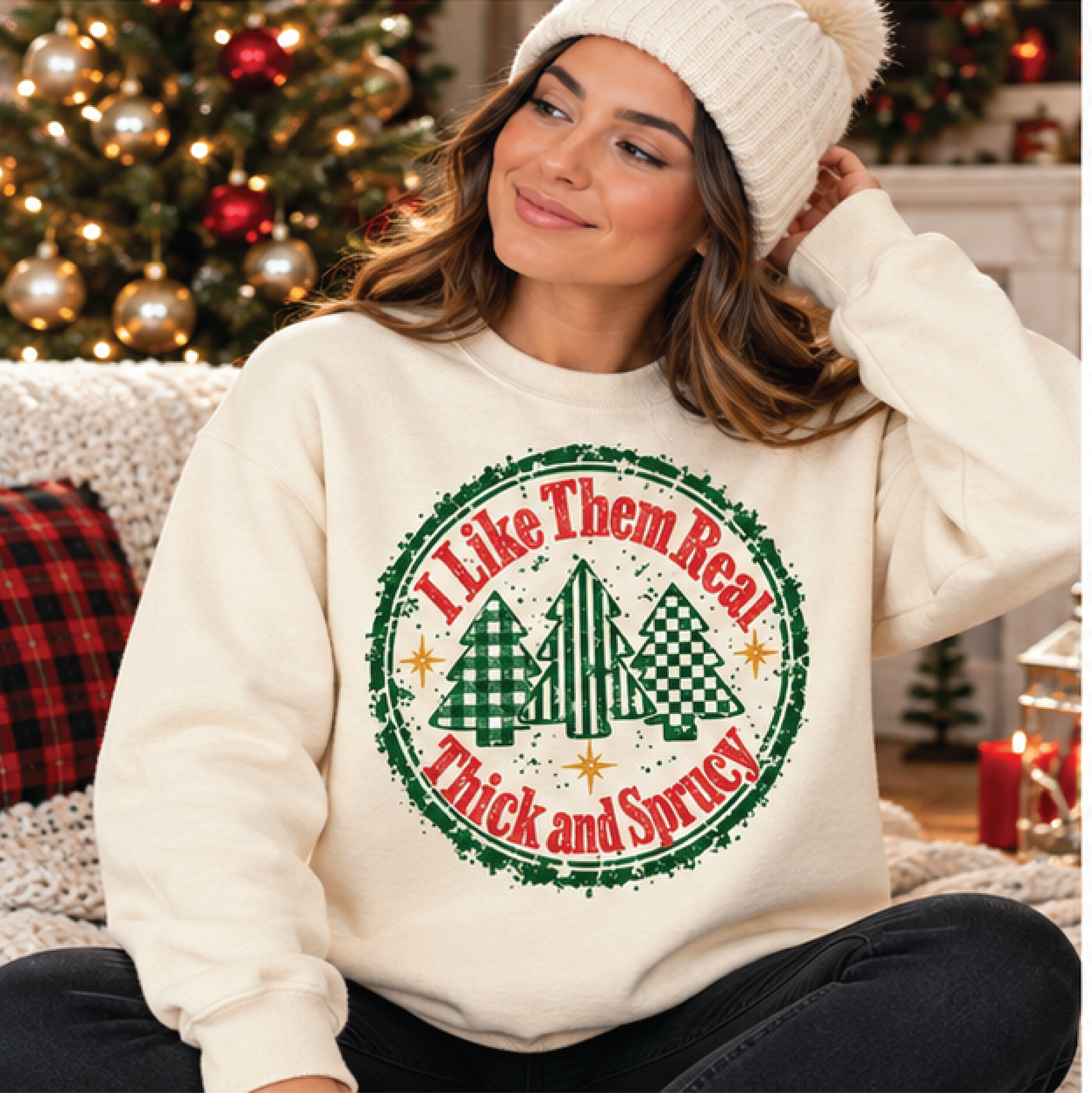 i like them real thick and sprucy christmas sweatshirt, funny holiday tree graphic crewneck, retro xmas gift, unisex