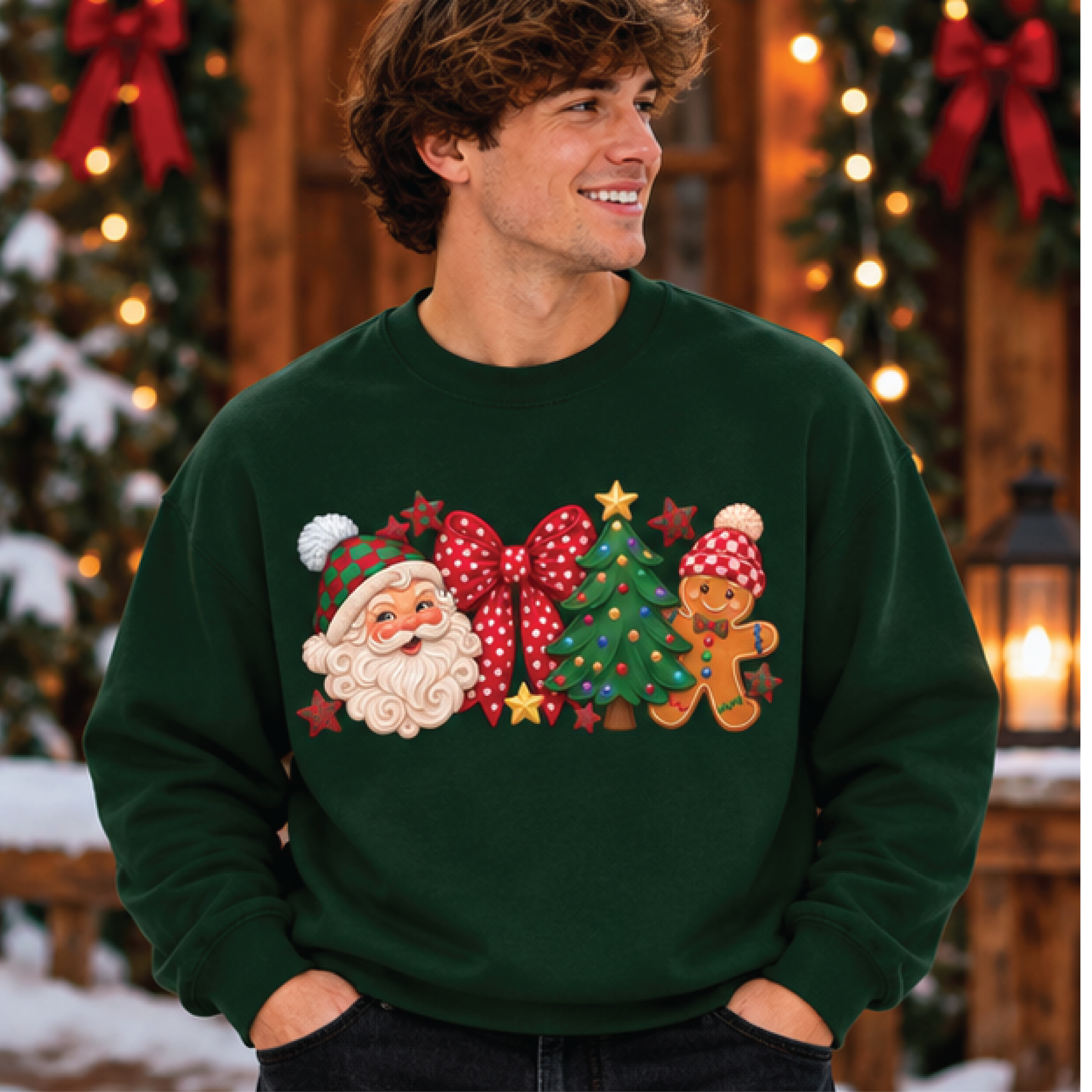 cute christmas sweatshirt, santa claus gingerbread man christmas tree graphic crewneck, festive holiday bow sweater