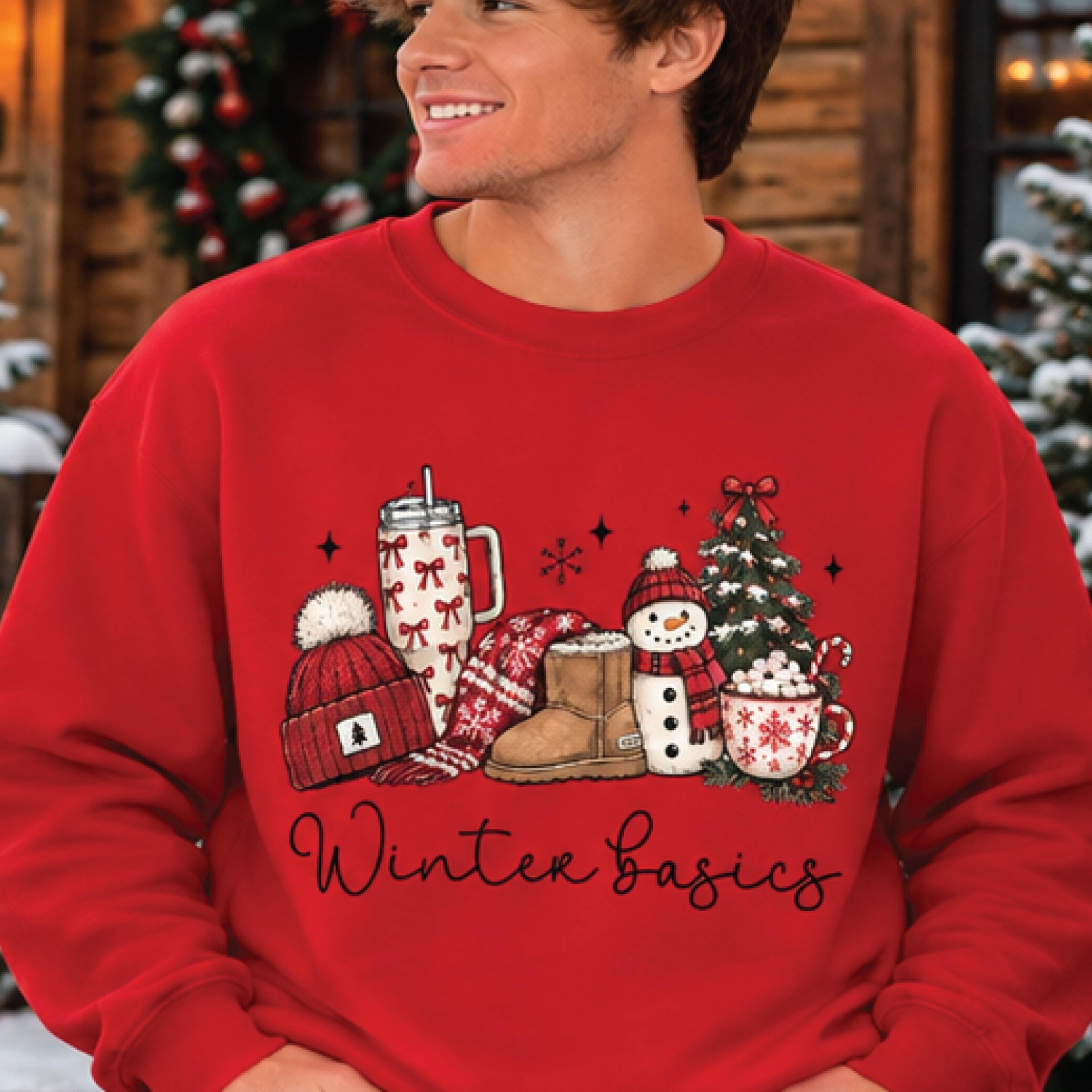 winter basics christmas sweatshirt, cozy holiday graphic crewneck, snowman christmas tree winter outfit, unisex adult