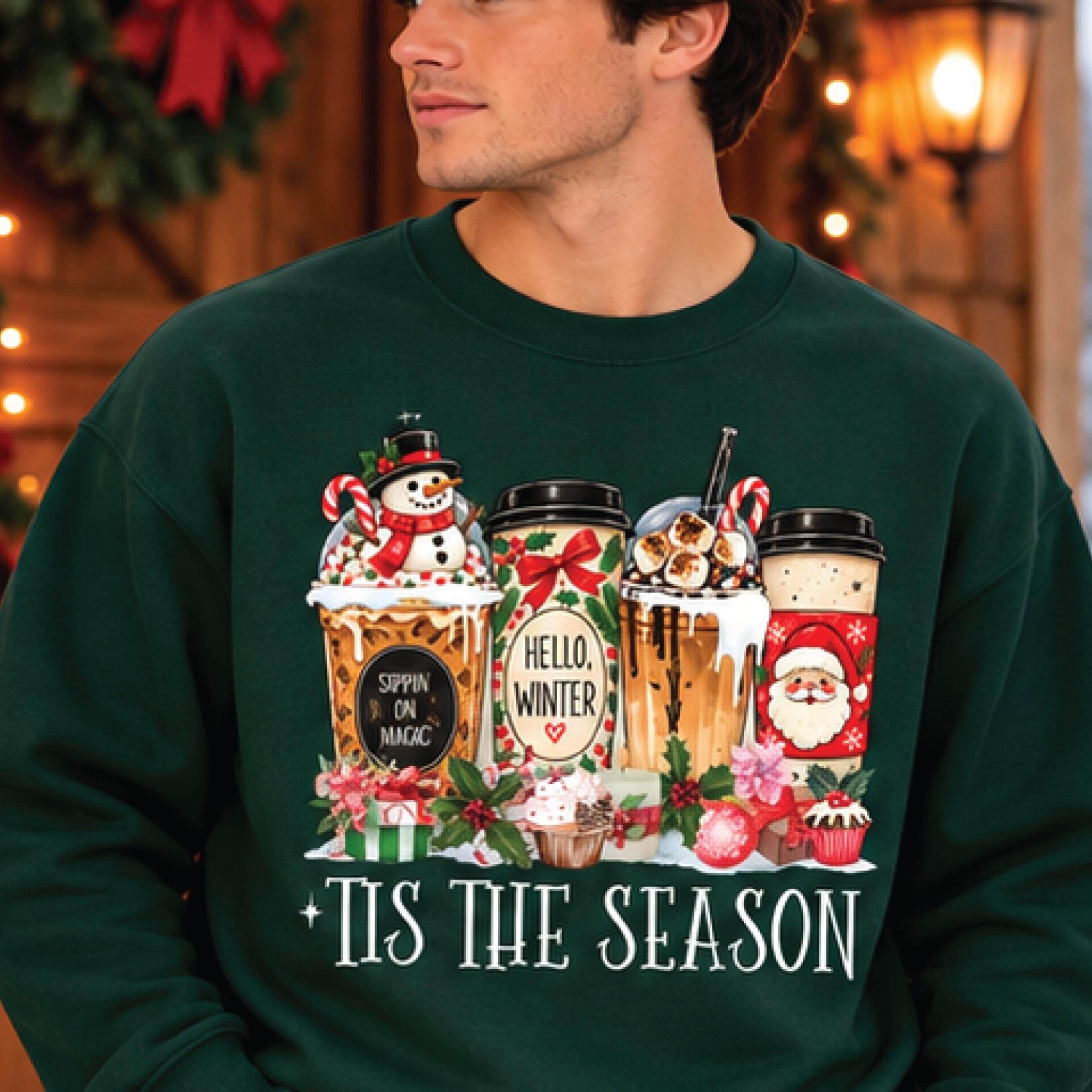 tis the season christmas sweatshirt, holiday coffee lover crewneck, cute santa snowman winter graphic, festive unisex
