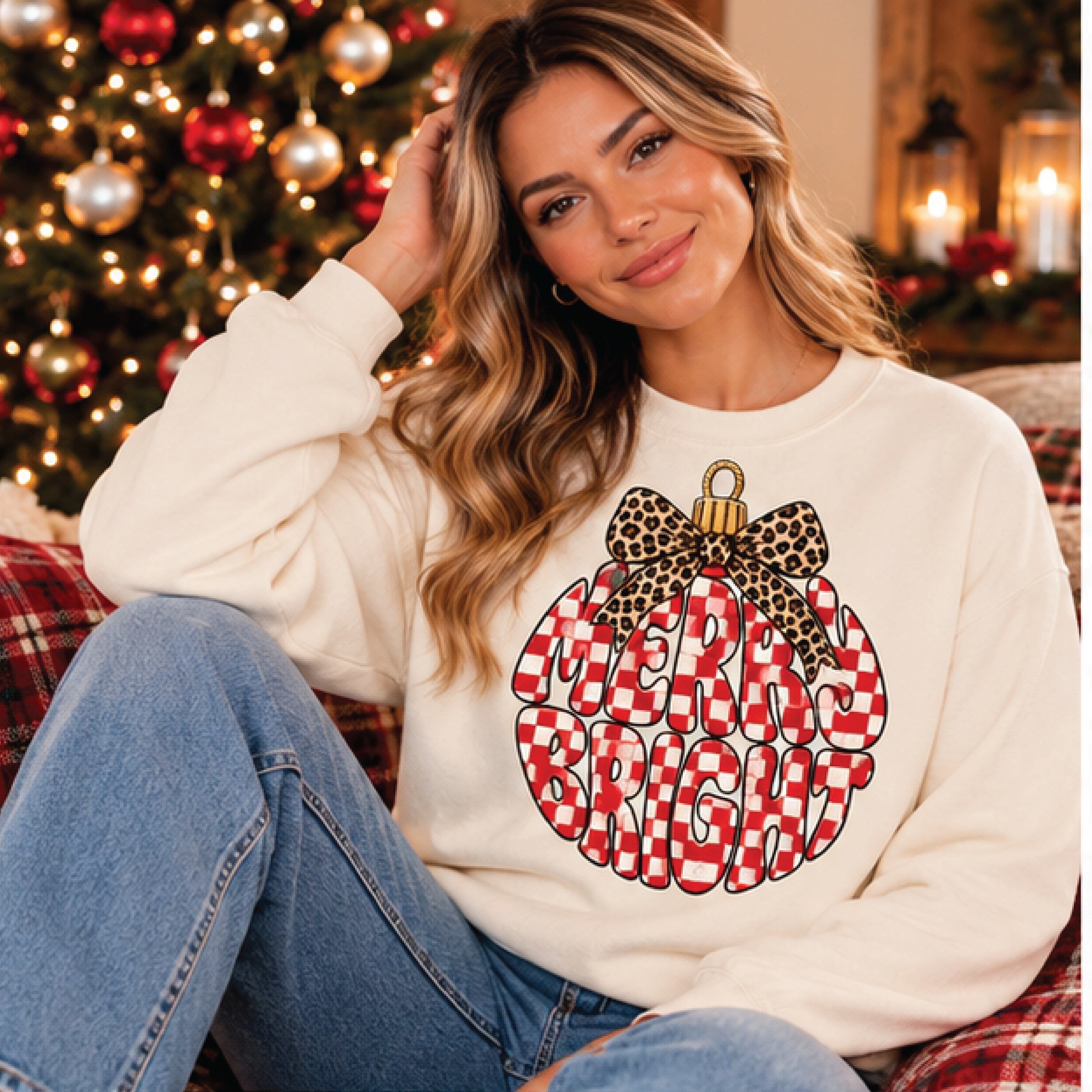 merry bright christmas sweatshirt, leopard bow holiday ornament graphic pullover, festive christmas gift, cozy winter