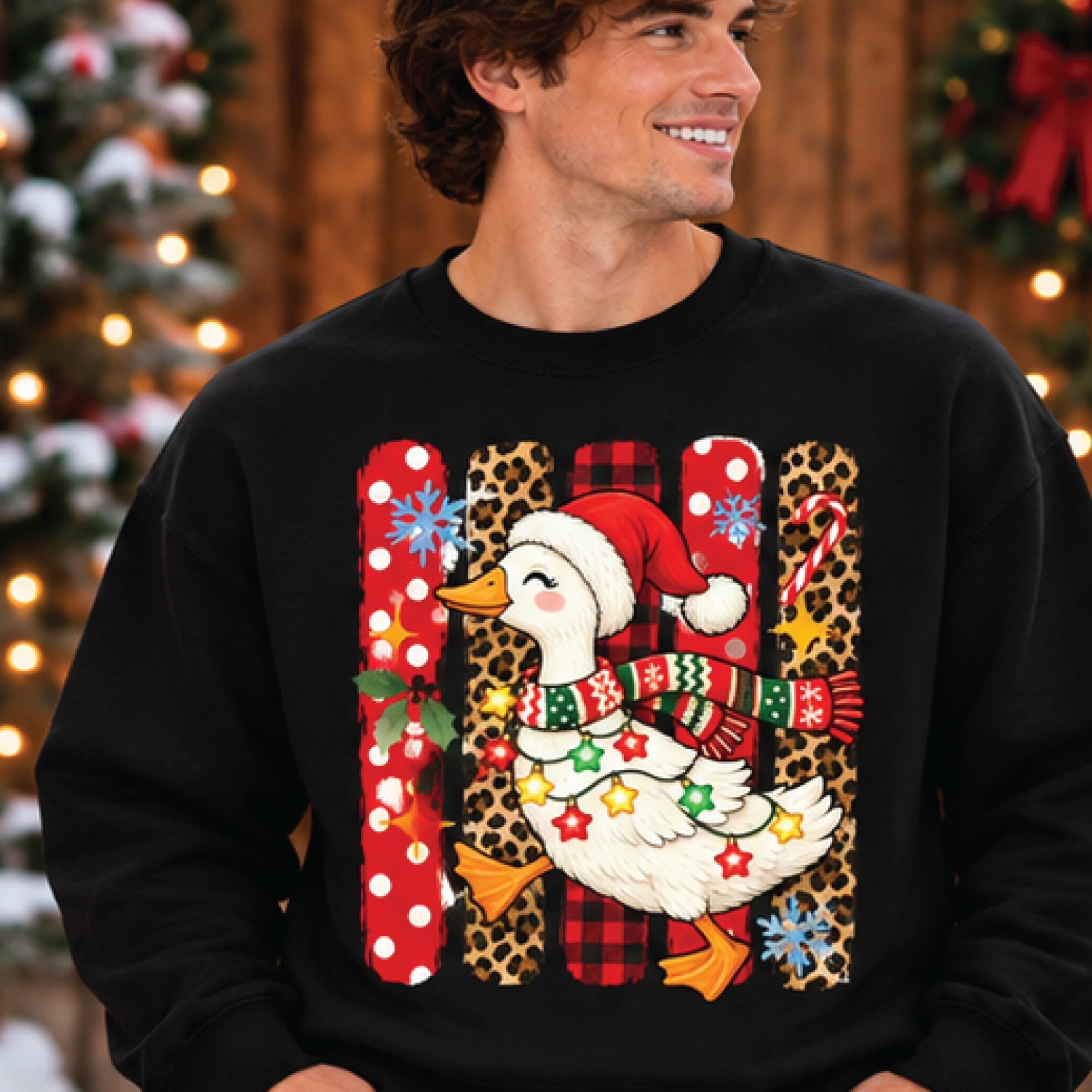 christmas duck sweatshirt, cute santa goose holiday graphic pullover, leopard buffalo plaid xmas sweater, festive gift