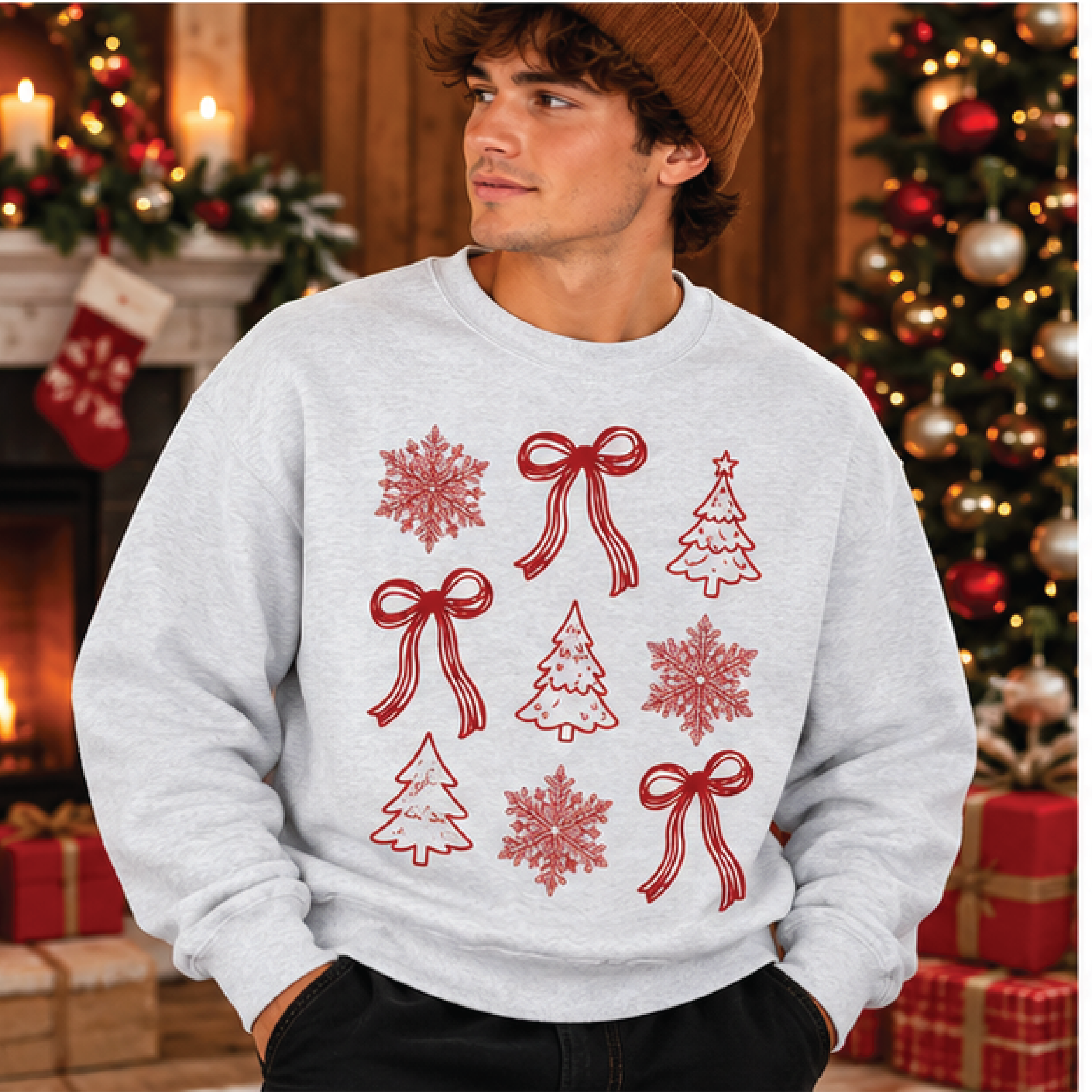 christmas bow sweatshirt, red ribbon snowflake christmas tree graphic crewneck, minimalist holiday sweater, cozy xmas