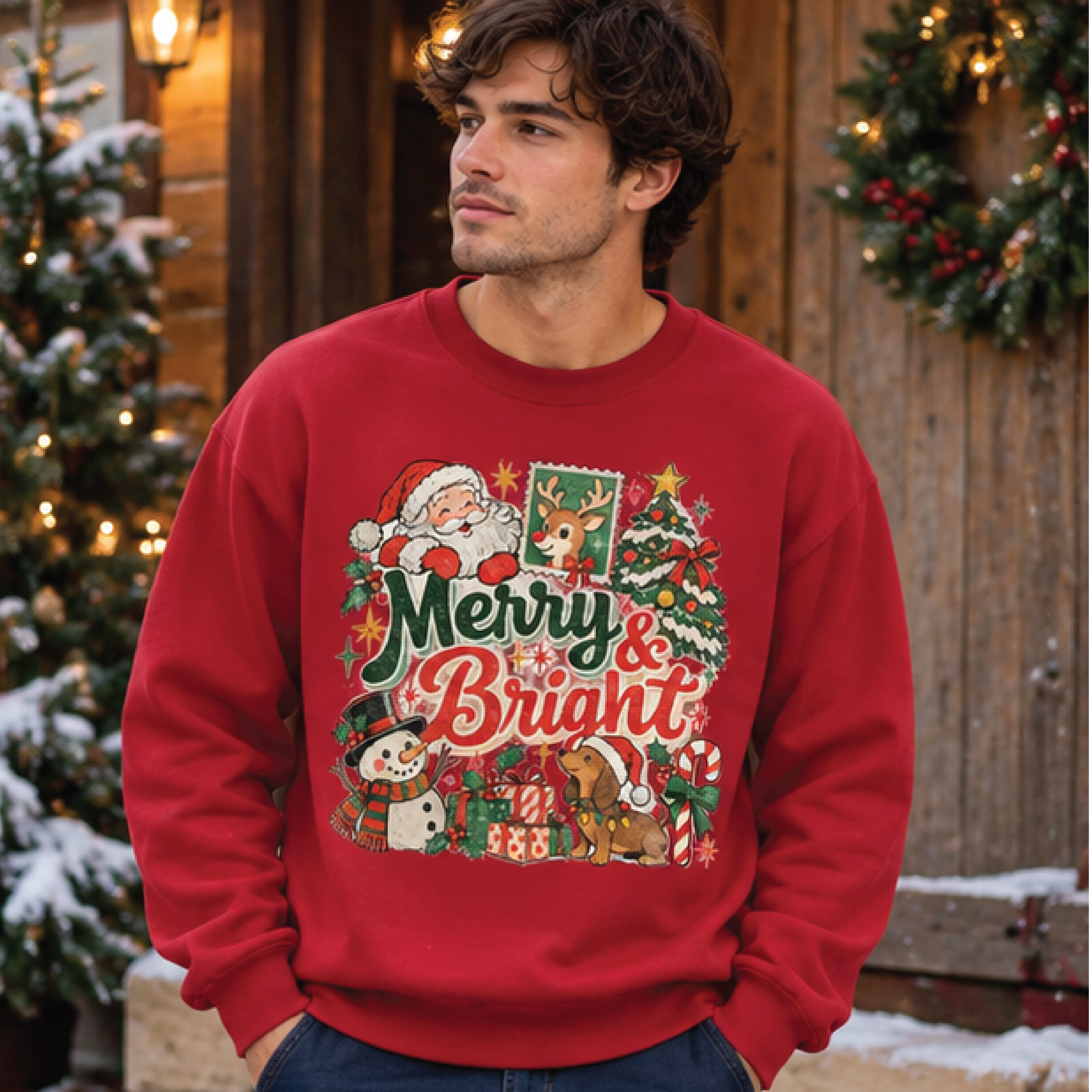 merry and bright christmas sweatshirt, vintage santa snowman reindeer holiday crewneck, retro xmas sweater, unisex gift