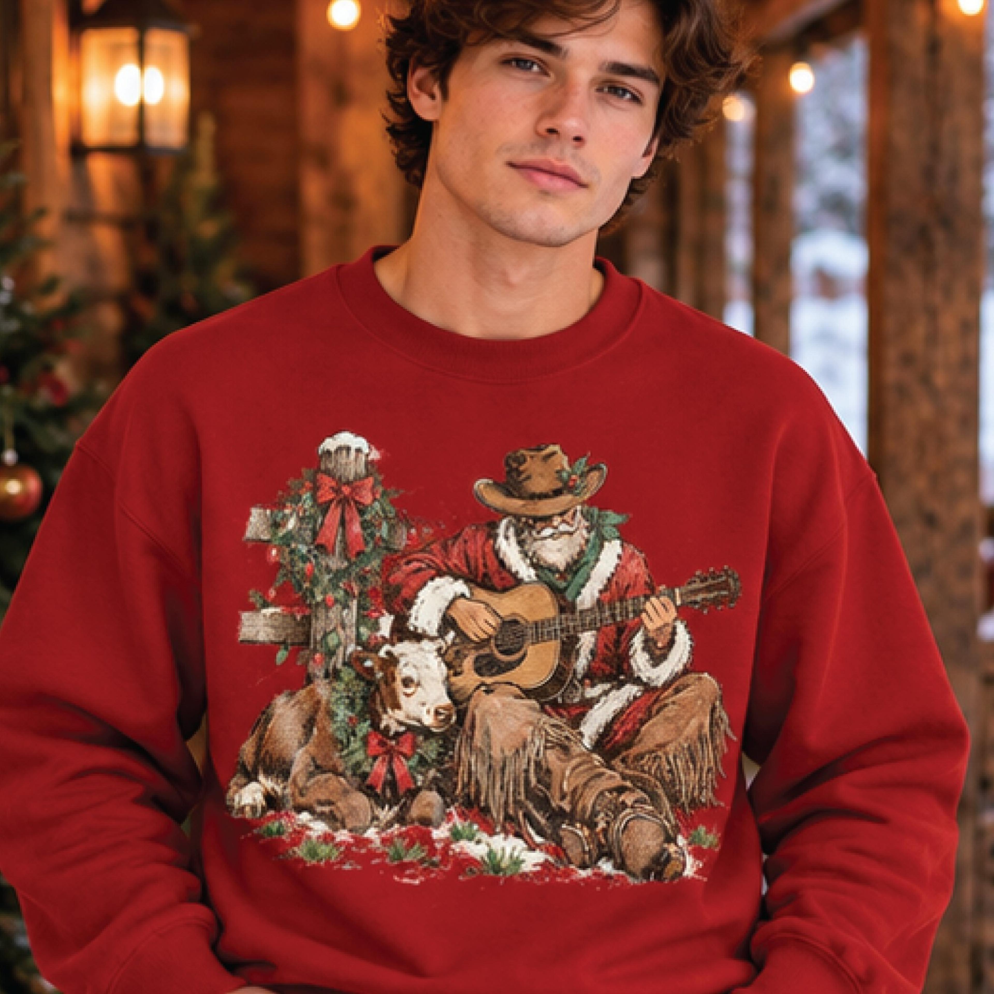 western cowboy santa christmas sweatshirt, vintage country christmas crewneck, rustic santa guitar holiday sweater
