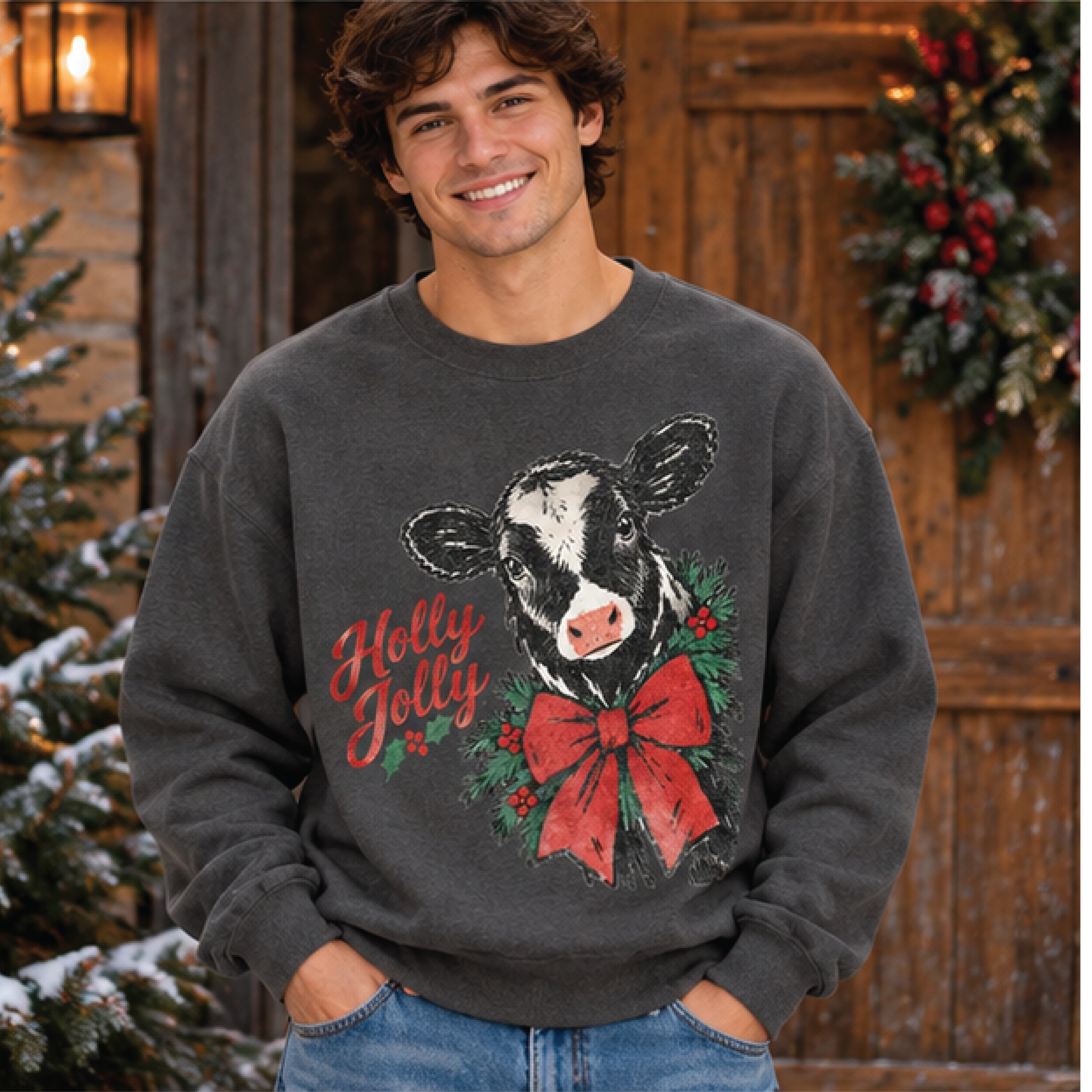 holly jolly christmas cow sweatshirt, vintage farm animal holiday crewneck, rustic cow christmas sweater, unisex adult