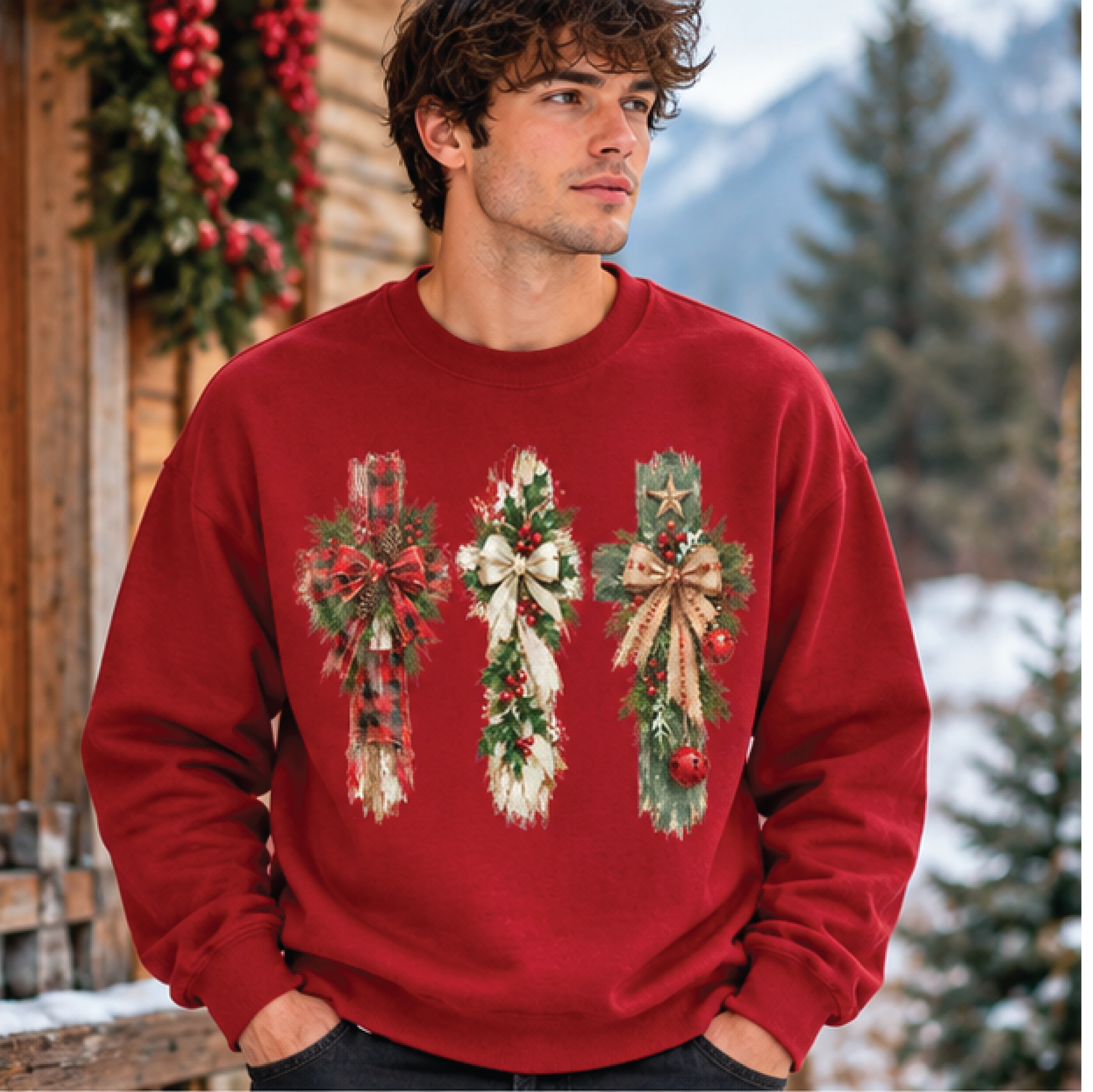 rustic christmas cross sweatshirt, vintage holiday floral cross crewneck, farmhouse christmas sweater, unisex adult gift