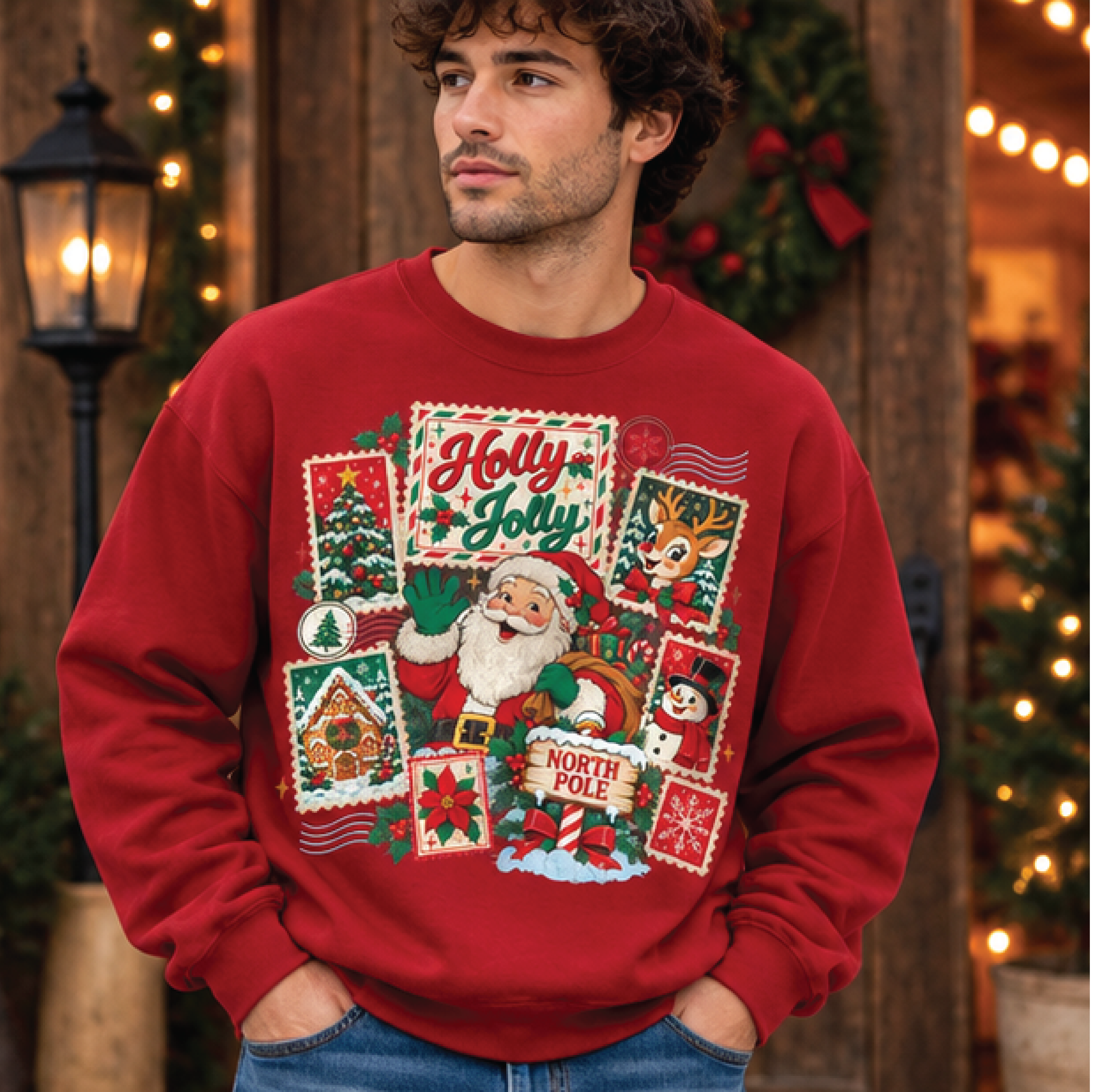 holly jolly christmas sweatshirt, vintage santa north pole postcard crewneck, retro holiday graphic sweater, unisex xmas