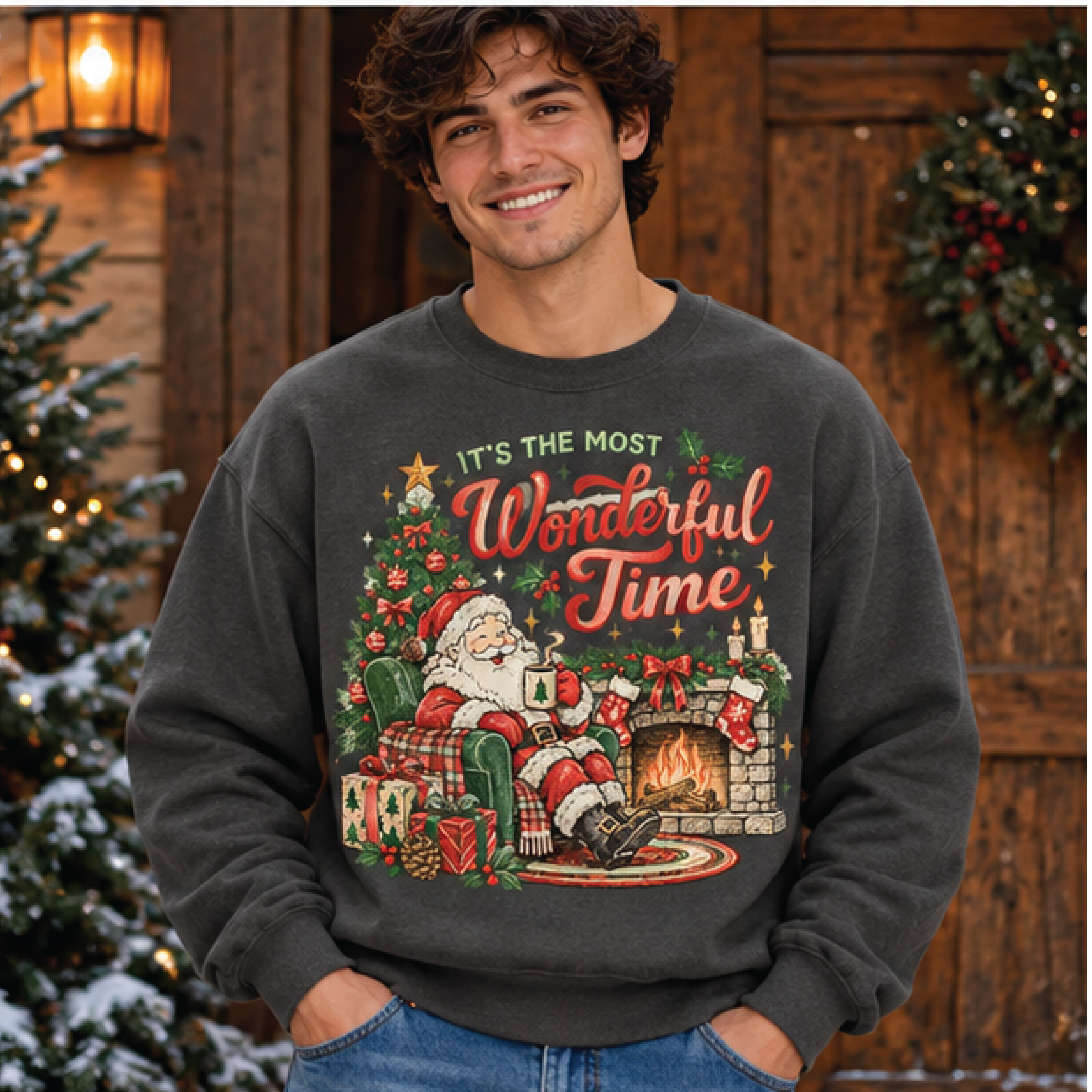 it's the most wonderful time christmas sweatshirt, vintage santa fireplace holiday crewneck, retro xmas sweater, unisex