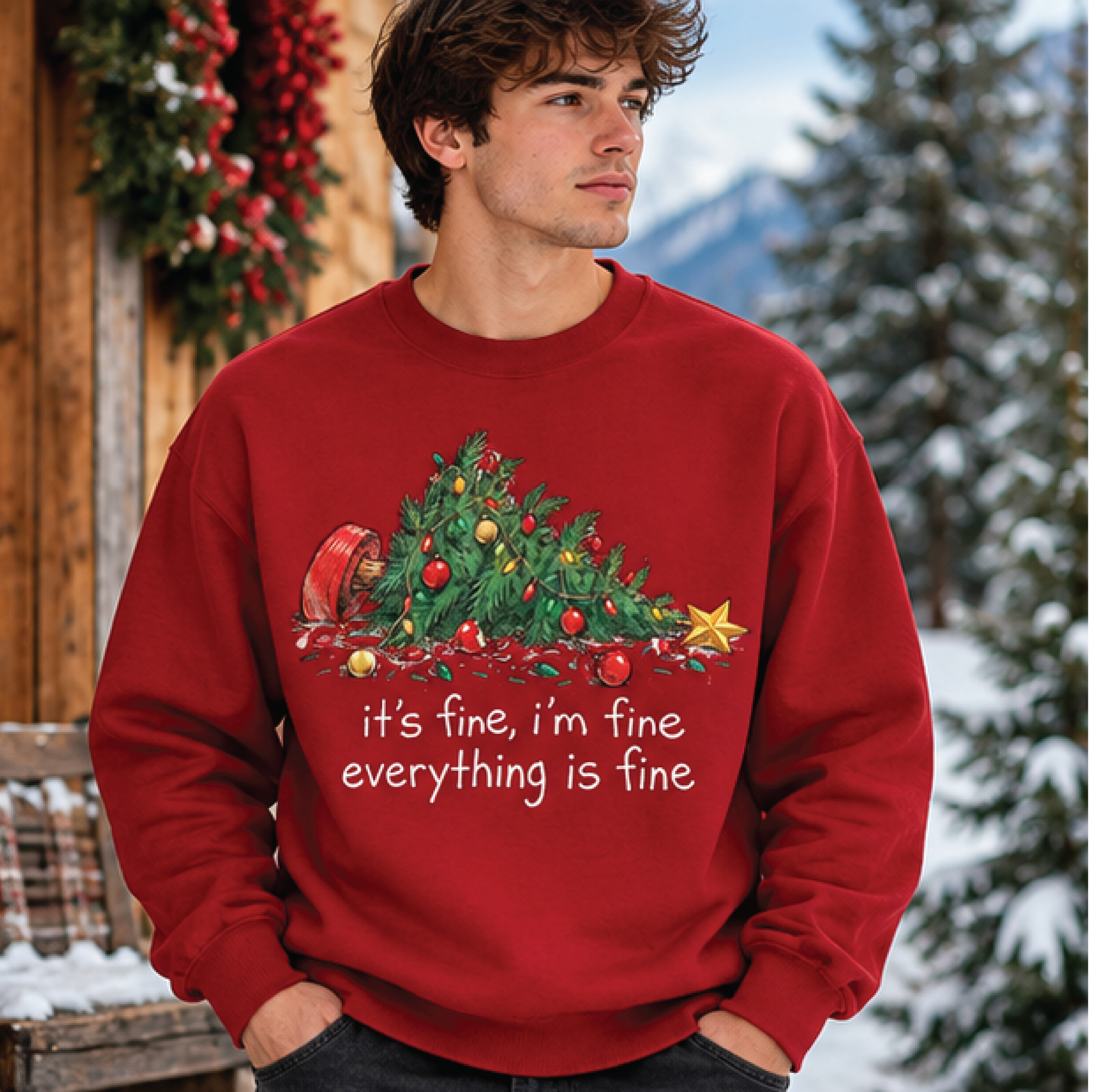 it's fine i'm fine everything is fine christmas sweatshirt, funny fallen christmas tree crewneck, sarcastic holiday