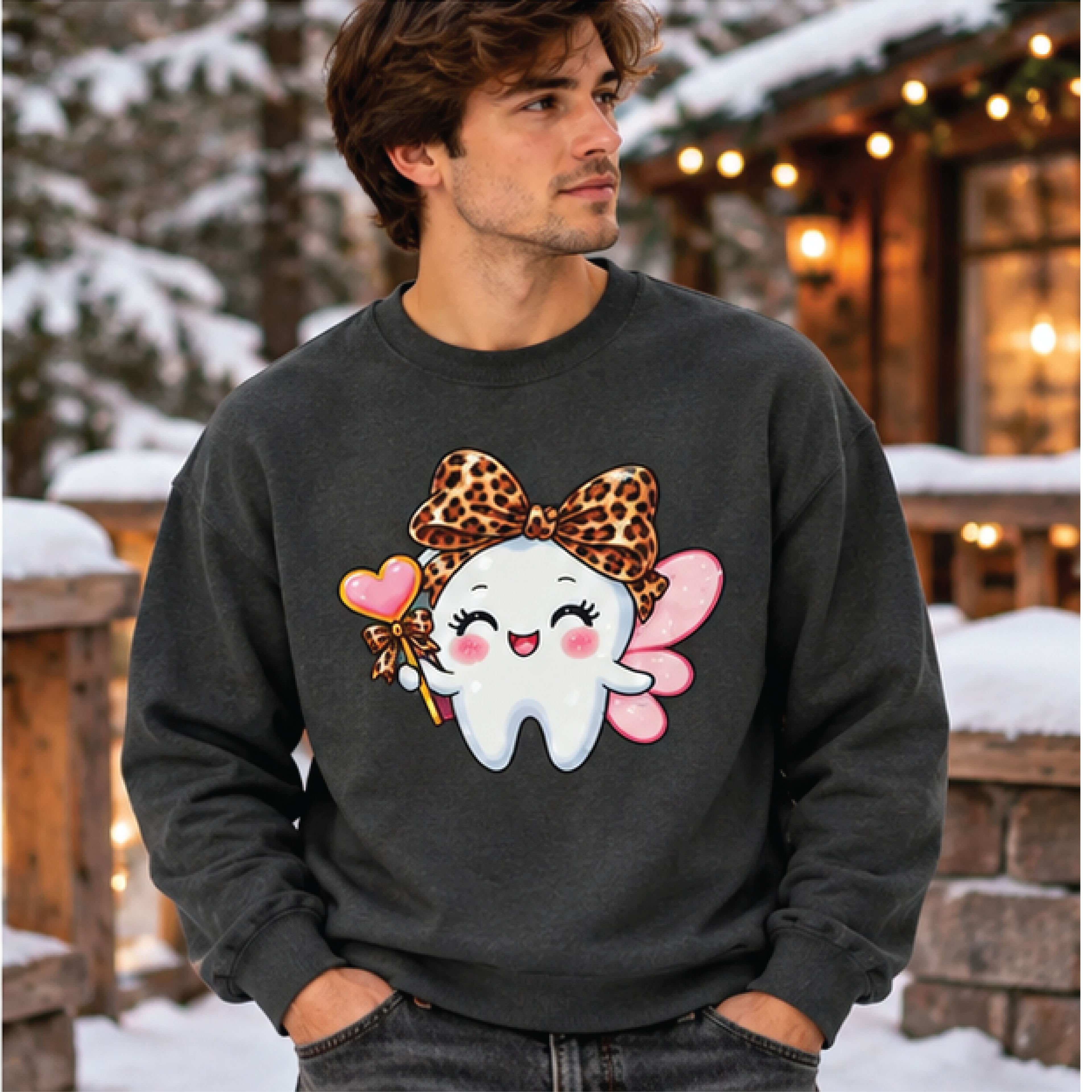 cute tooth fairy sweatshirt, leopard bow tooth fairy crewneck, kawaii dental graphic sweater, dental hygienist gift