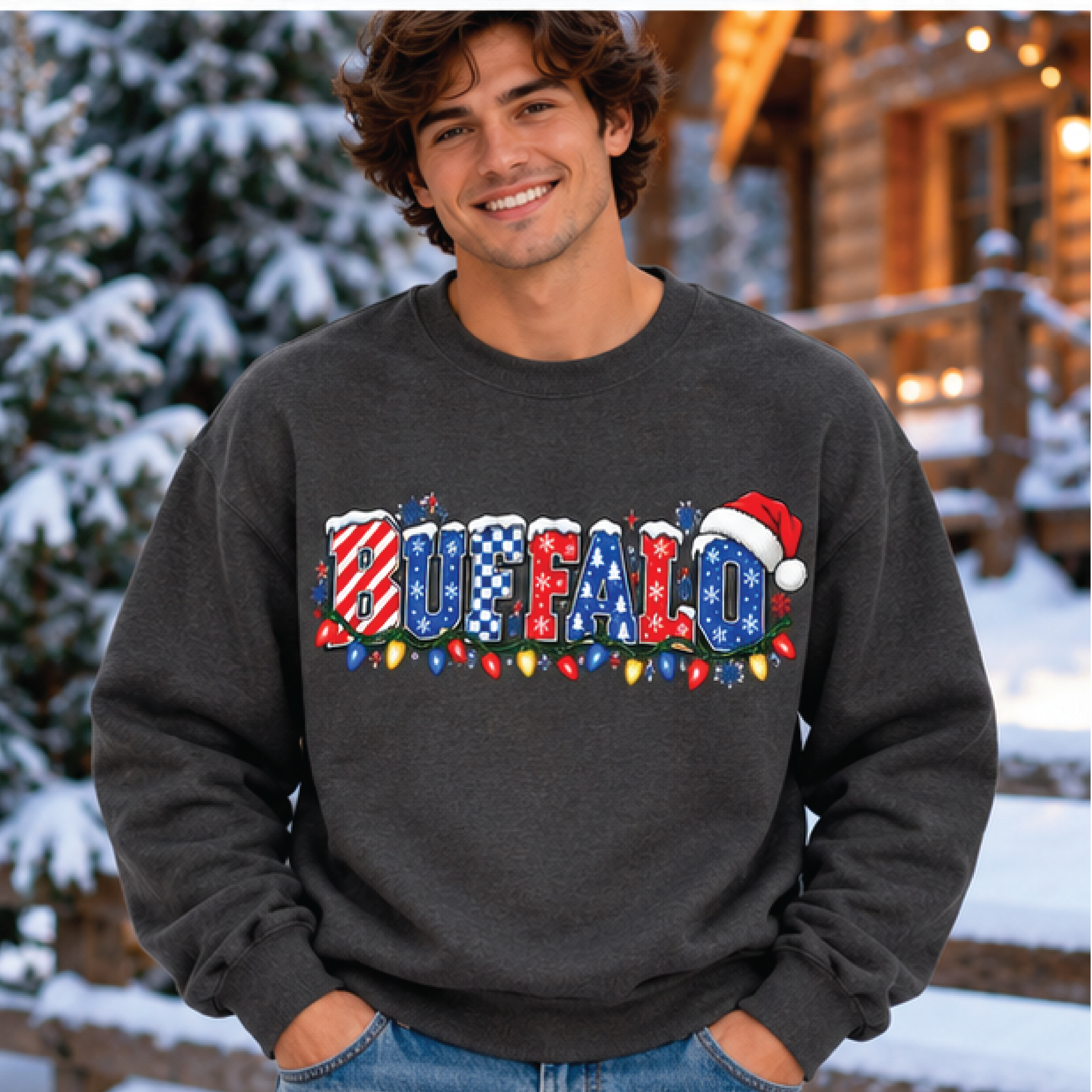 buffalo christmas sweatshirt, retro buffalo ny holiday crewneck, festive christmas lights graphic
