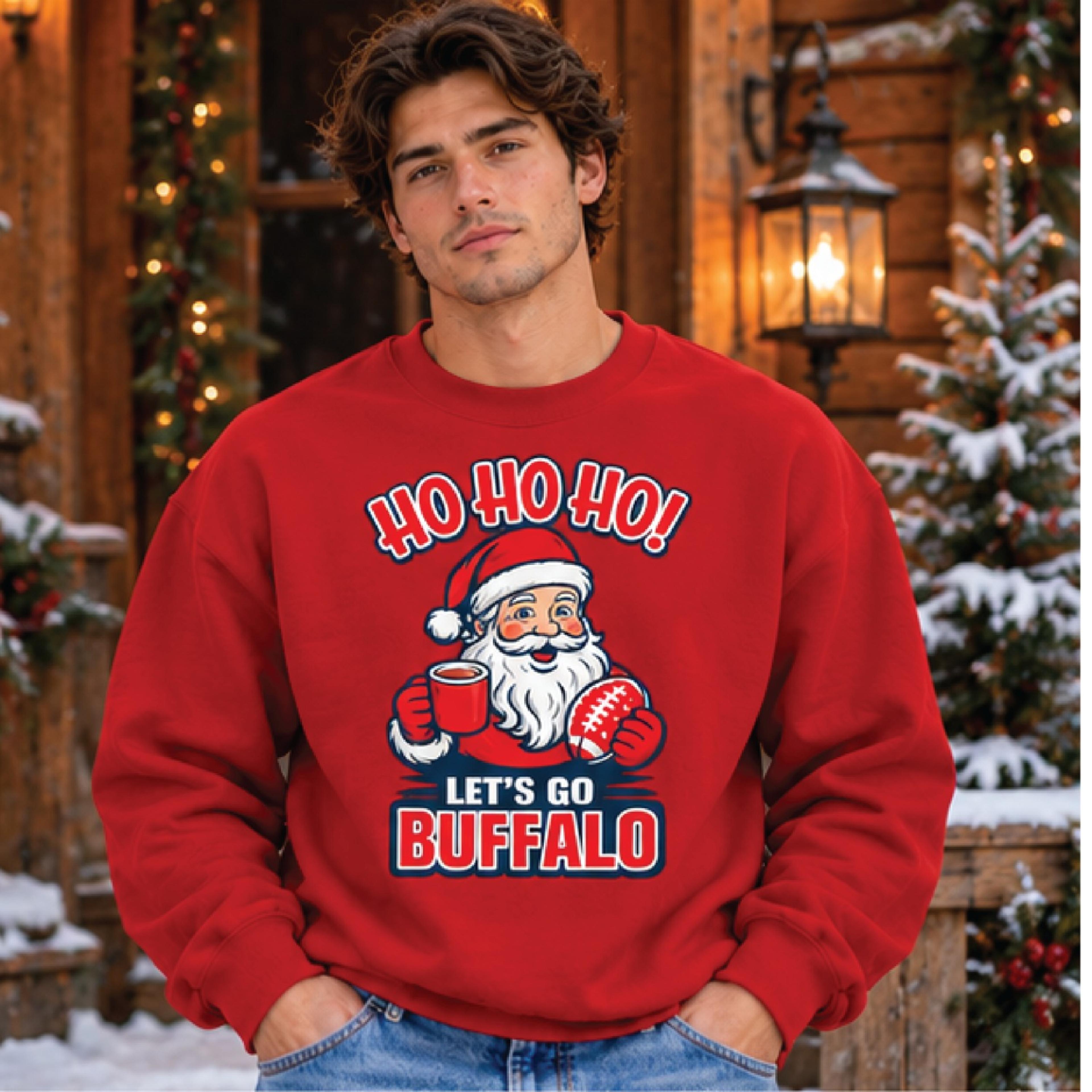 buffalo christmas sweatshirt, ho ho ho santa football crewneck, lets go buffalo holiday sweatshirt, unisex adult fan