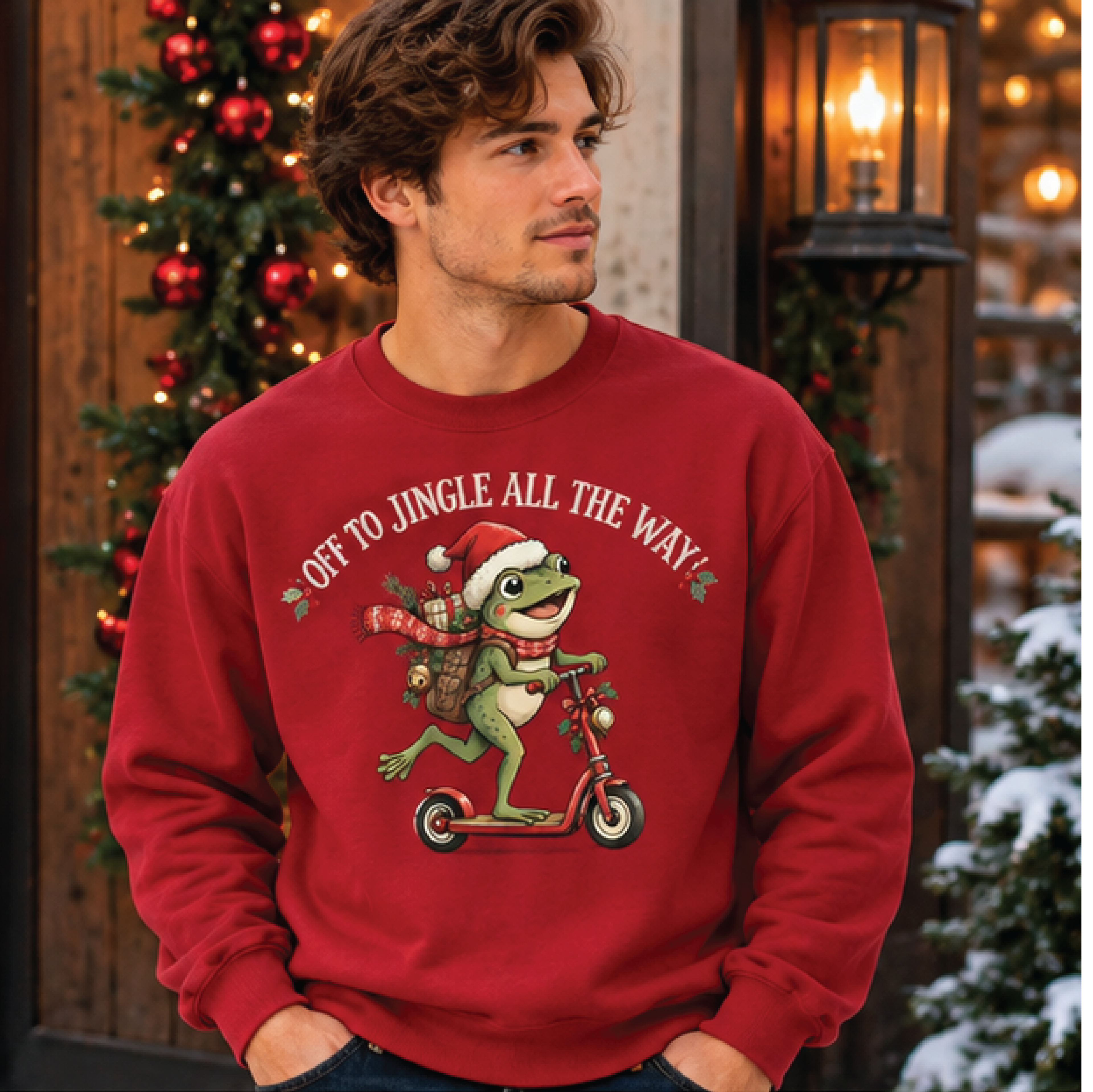funny christmas frog sweatshirt, off to jingle all the way crewneck, cute santa frog scooter graphic, unisex holiday