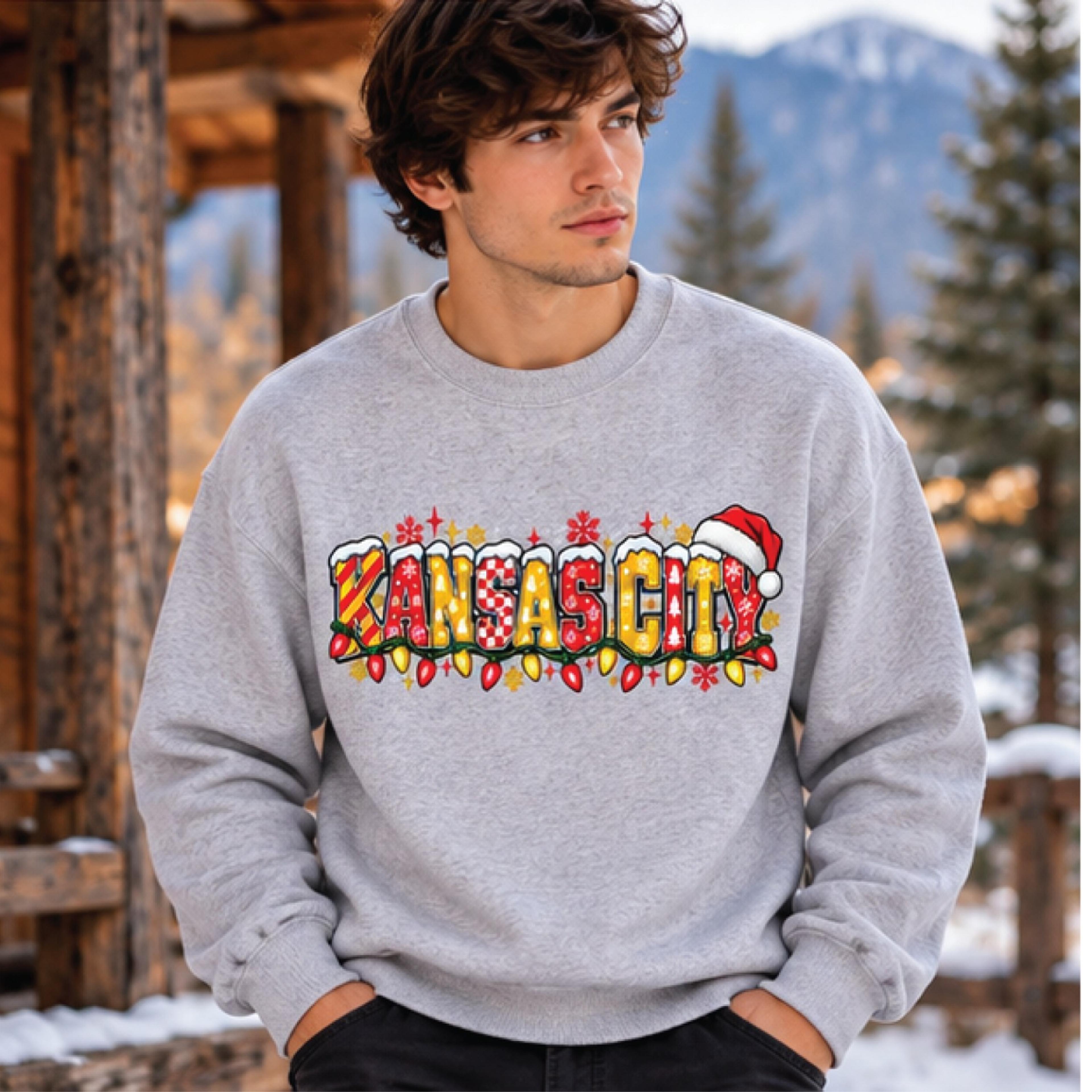 kansas city christmas sweatshirt, festive kansas city holiday crewneck, christmas lights football fan gift, unisex