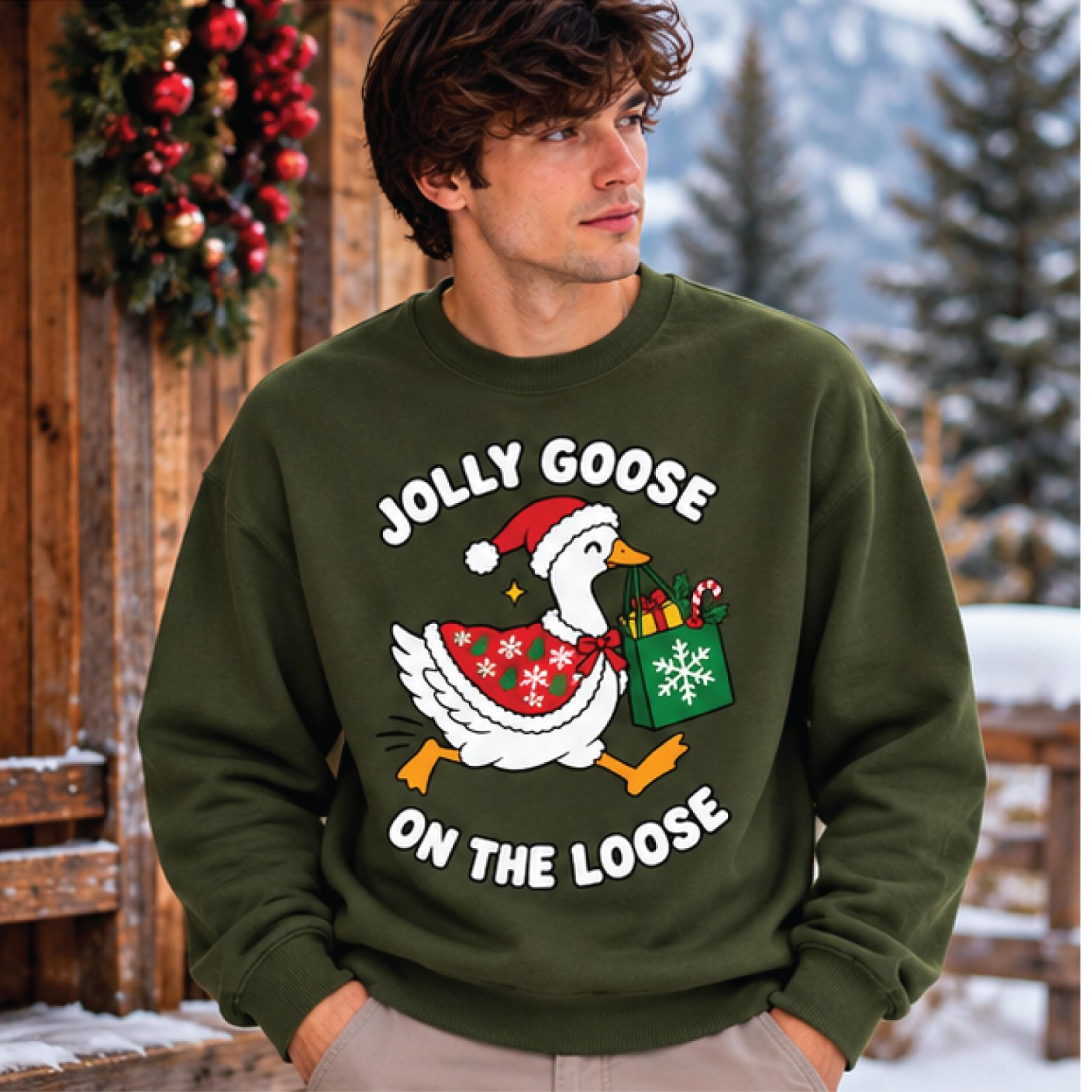 jolly goose on the loose christmas sweatshirt, funny holiday goose crewneck, cute santa goose christmas gift, unisex