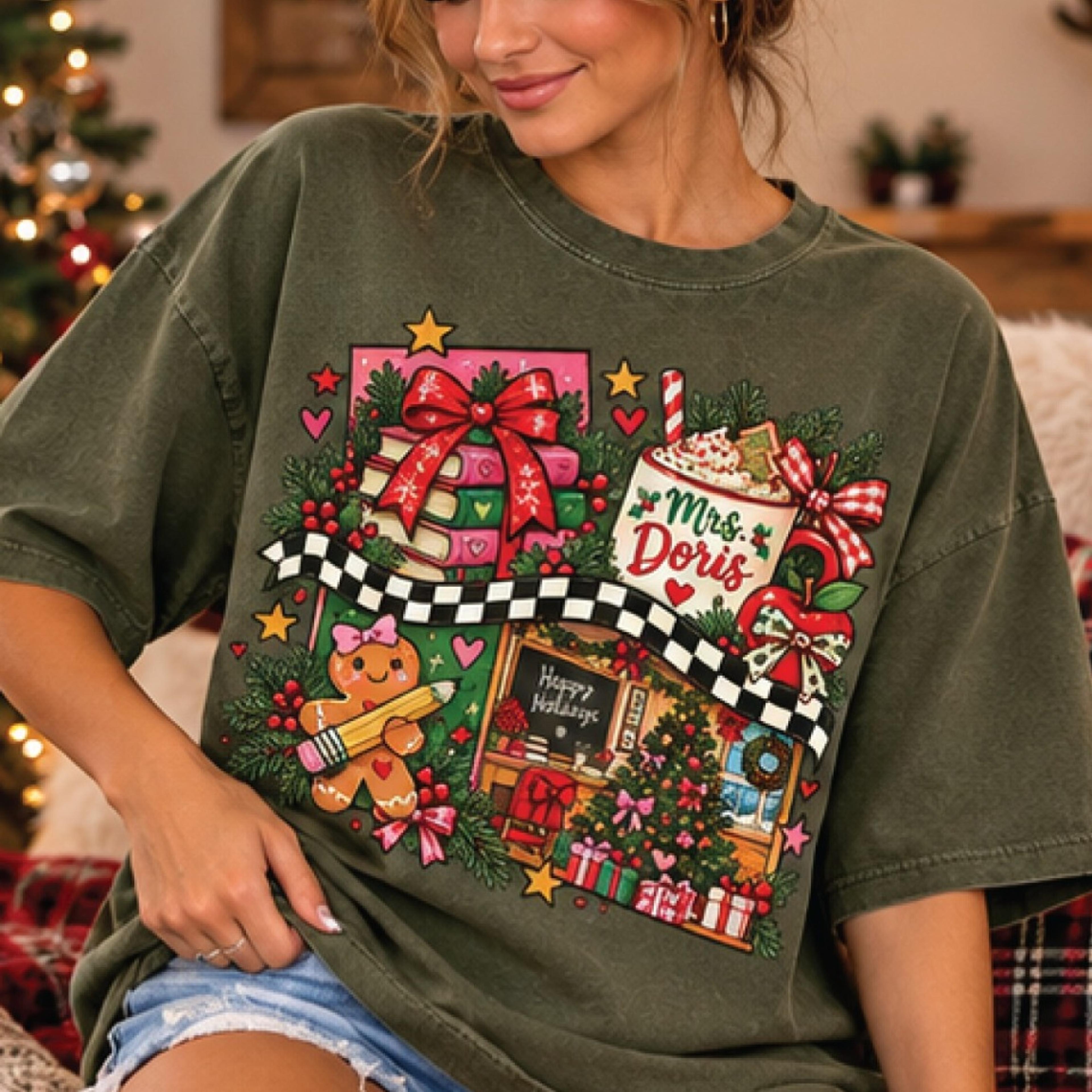 teacher christmas shirt, coquette holiday collage t-shirt, cute gingerbread school christmas graphic tee, unisex adult