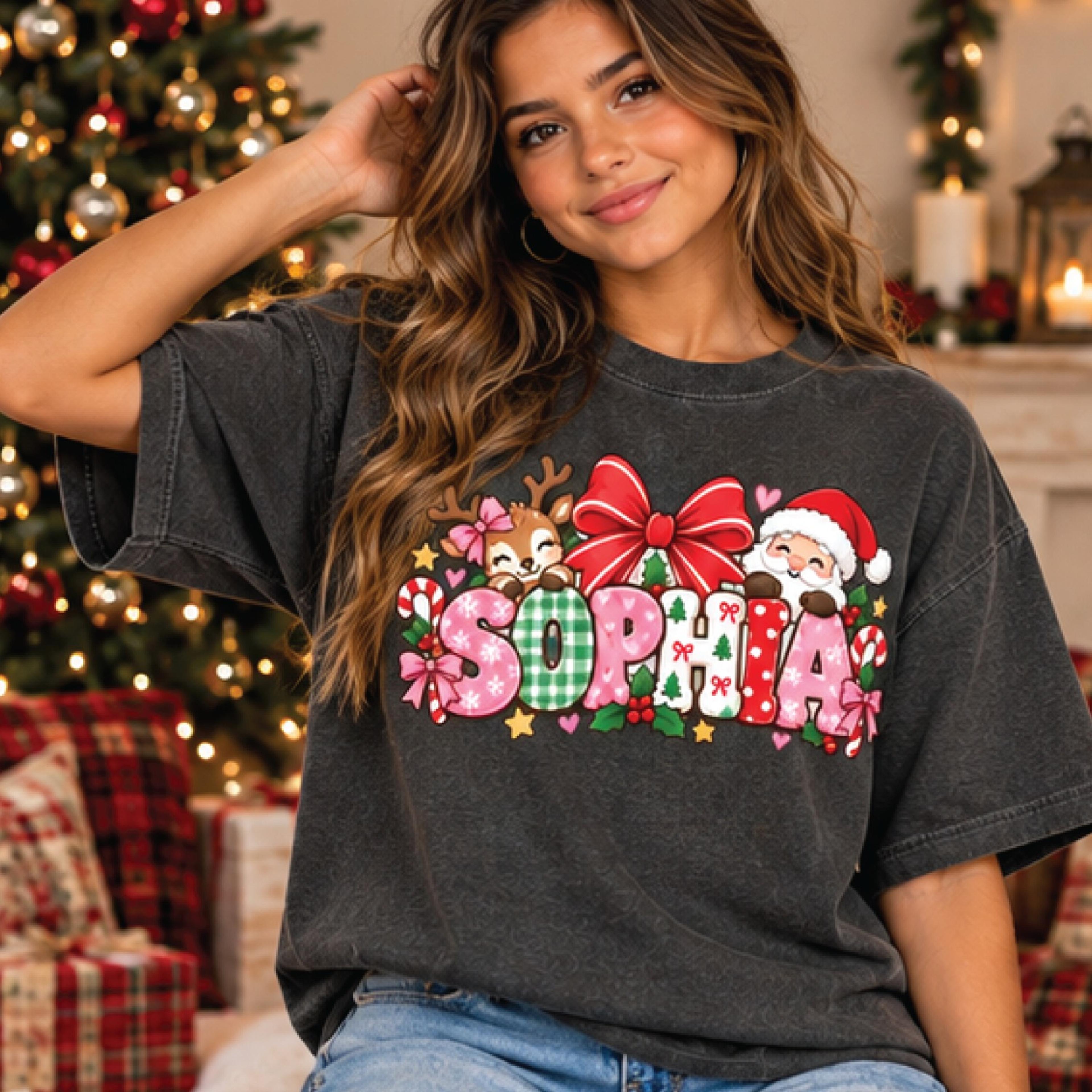 personalized christmas sophia shirt, custom name coquette holiday tee, pink bow santa reindeer christmas t-shirt, adult