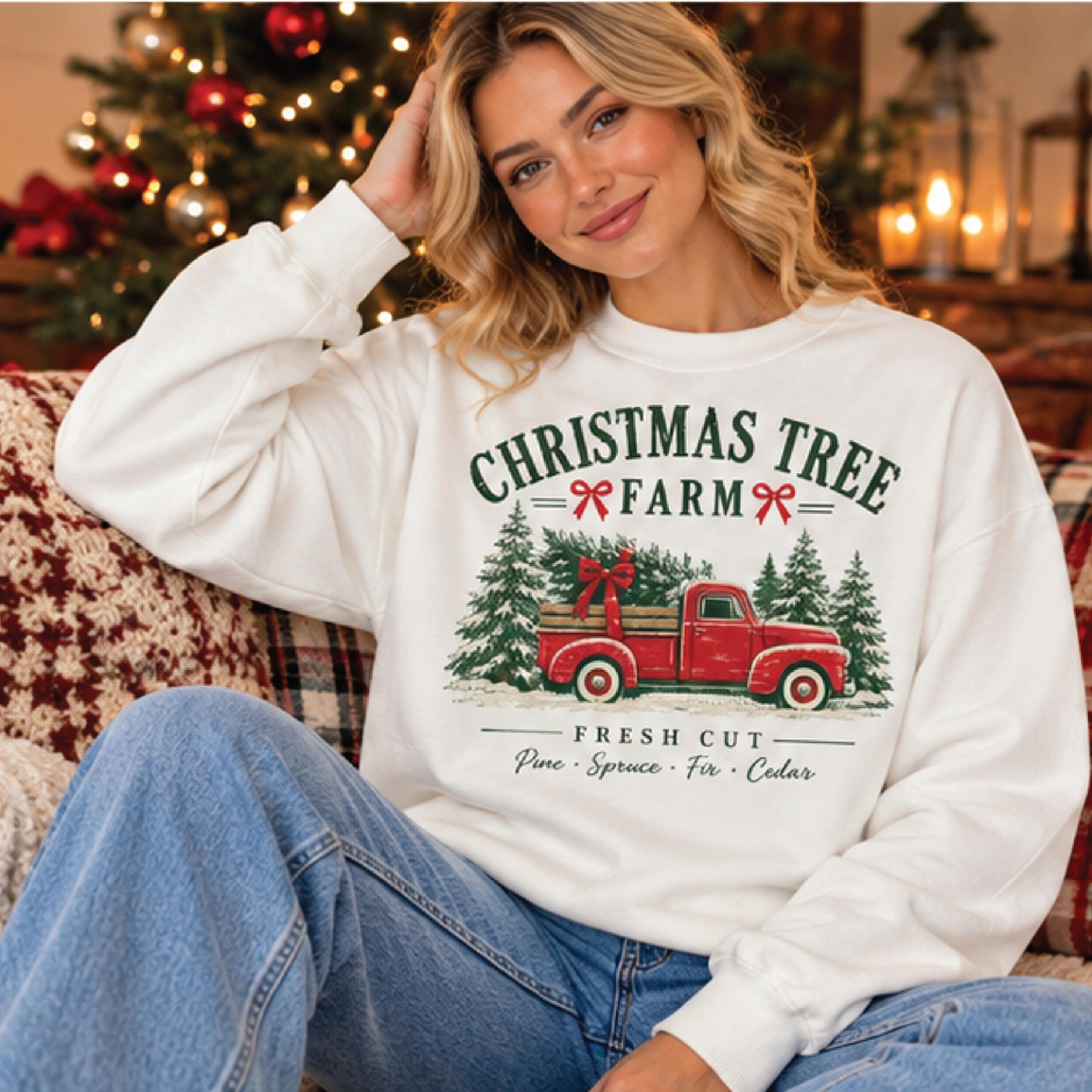 vintage christmas tree farm sweatshirt, retro red truck christmas sweater, fresh cut pine tree holiday crewneck, unisex