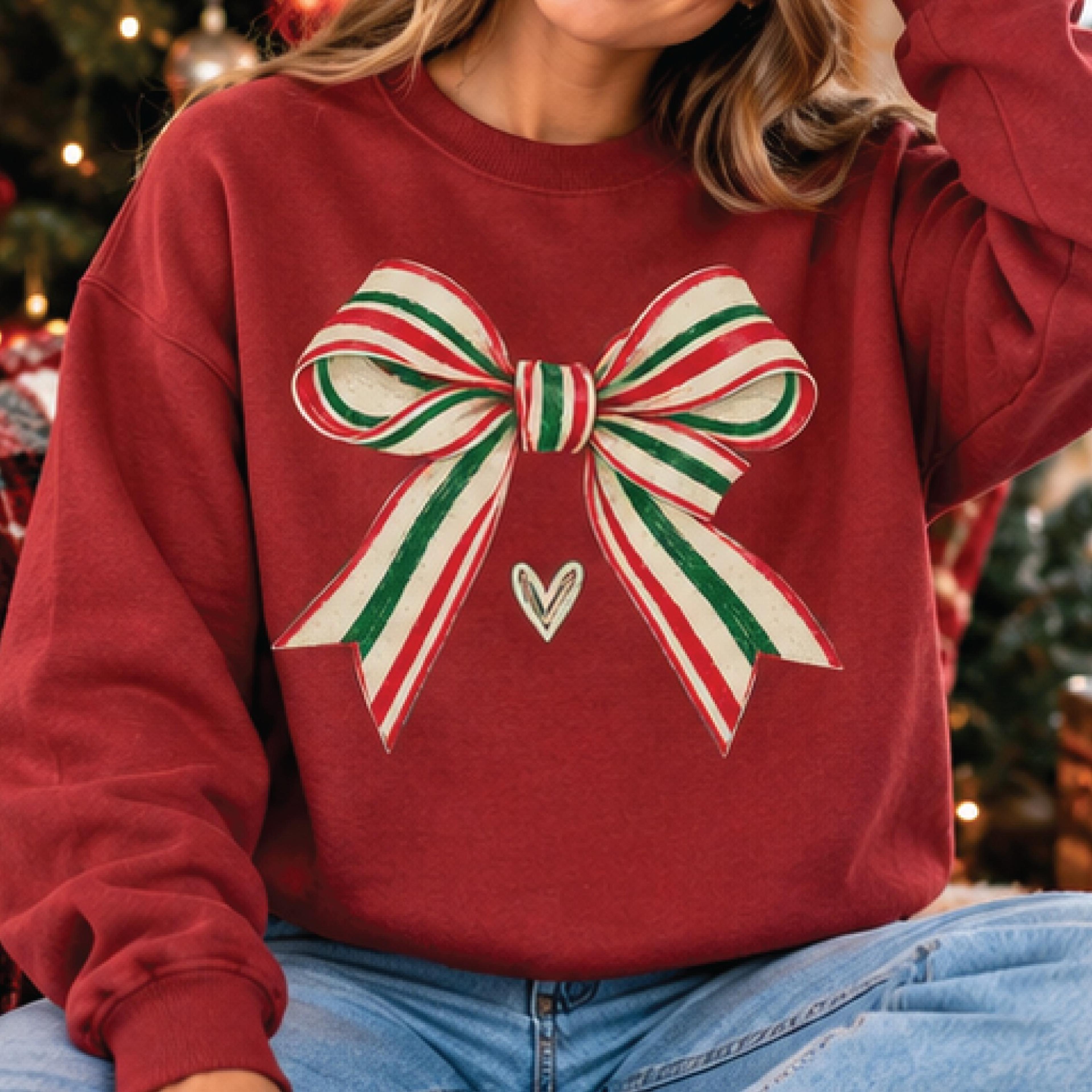 christmas bow sweatshirt, vintage striped ribbon holiday crewneck, coquette christmas sweater, festive unisex adult gift